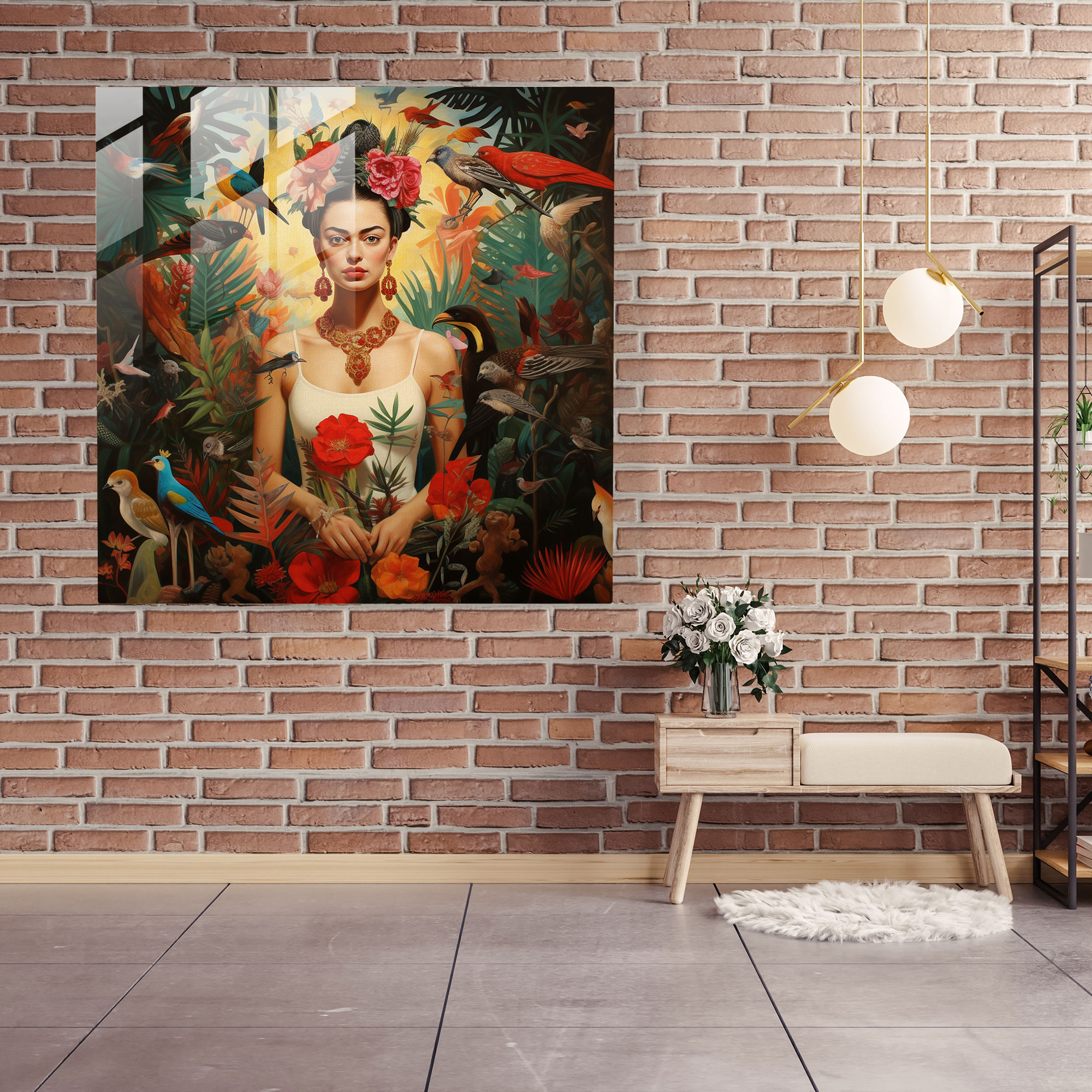 Büyüleyici Vaha Cam Tablo - Frida Kahlo Egzotik Hayvanlar Güzellik