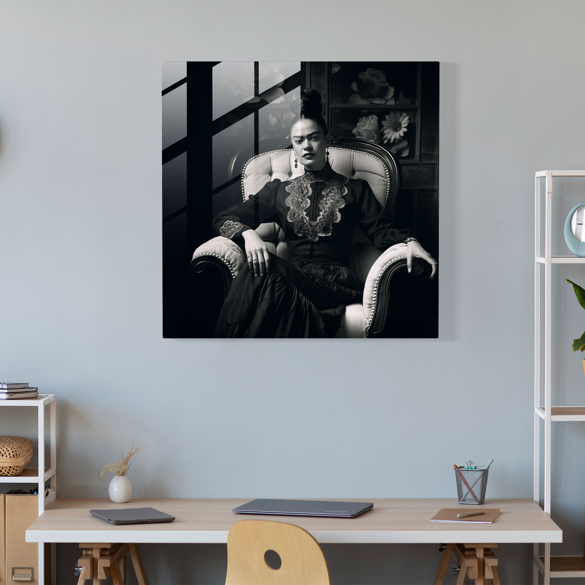 Frida Kahlo Glass Print - Frida Kahlo, Strength, Modern Art, Monochrome Photograph