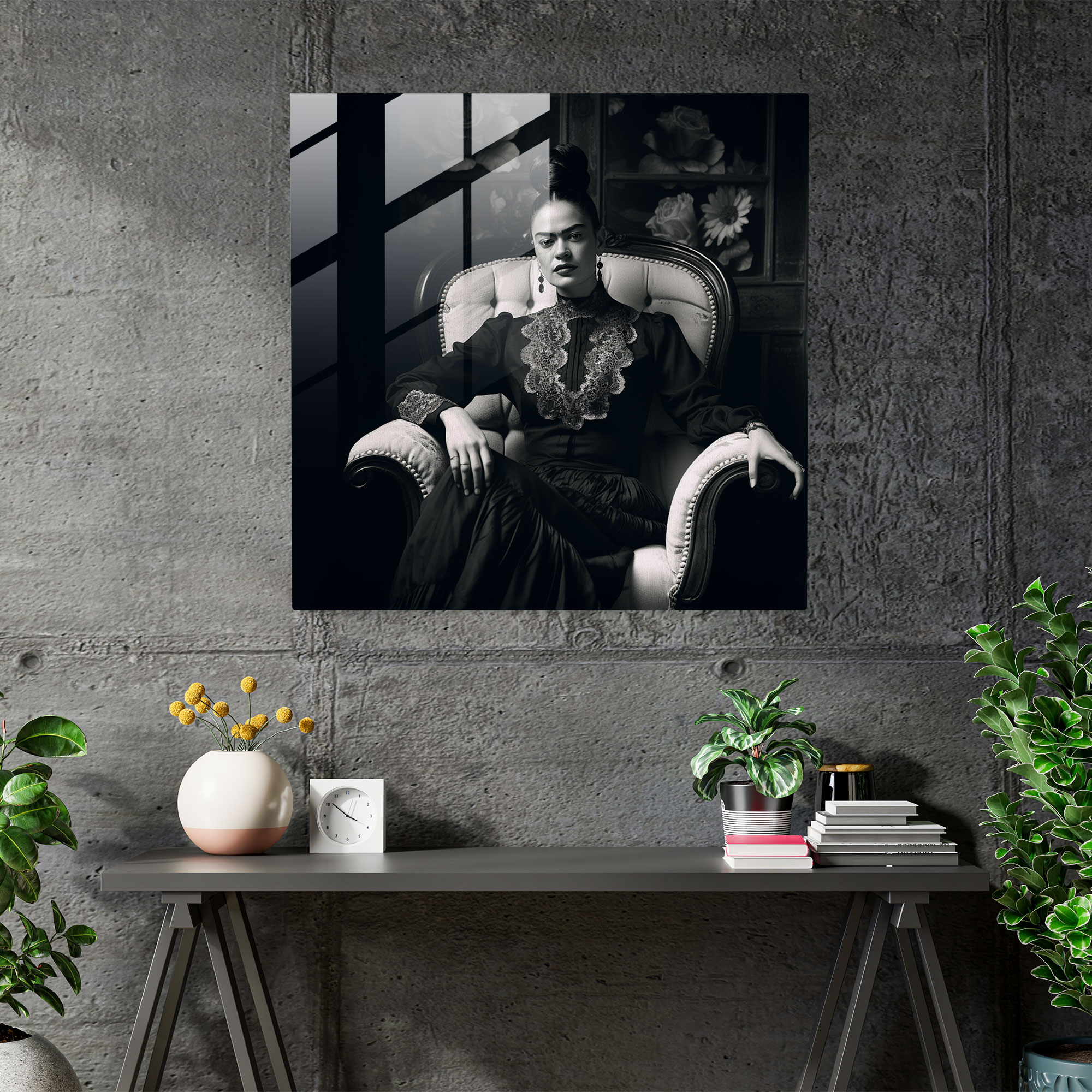 Frida Kahlo Glass Print - Frida Kahlo, Strength, Modern Art, Monochrome Photograph