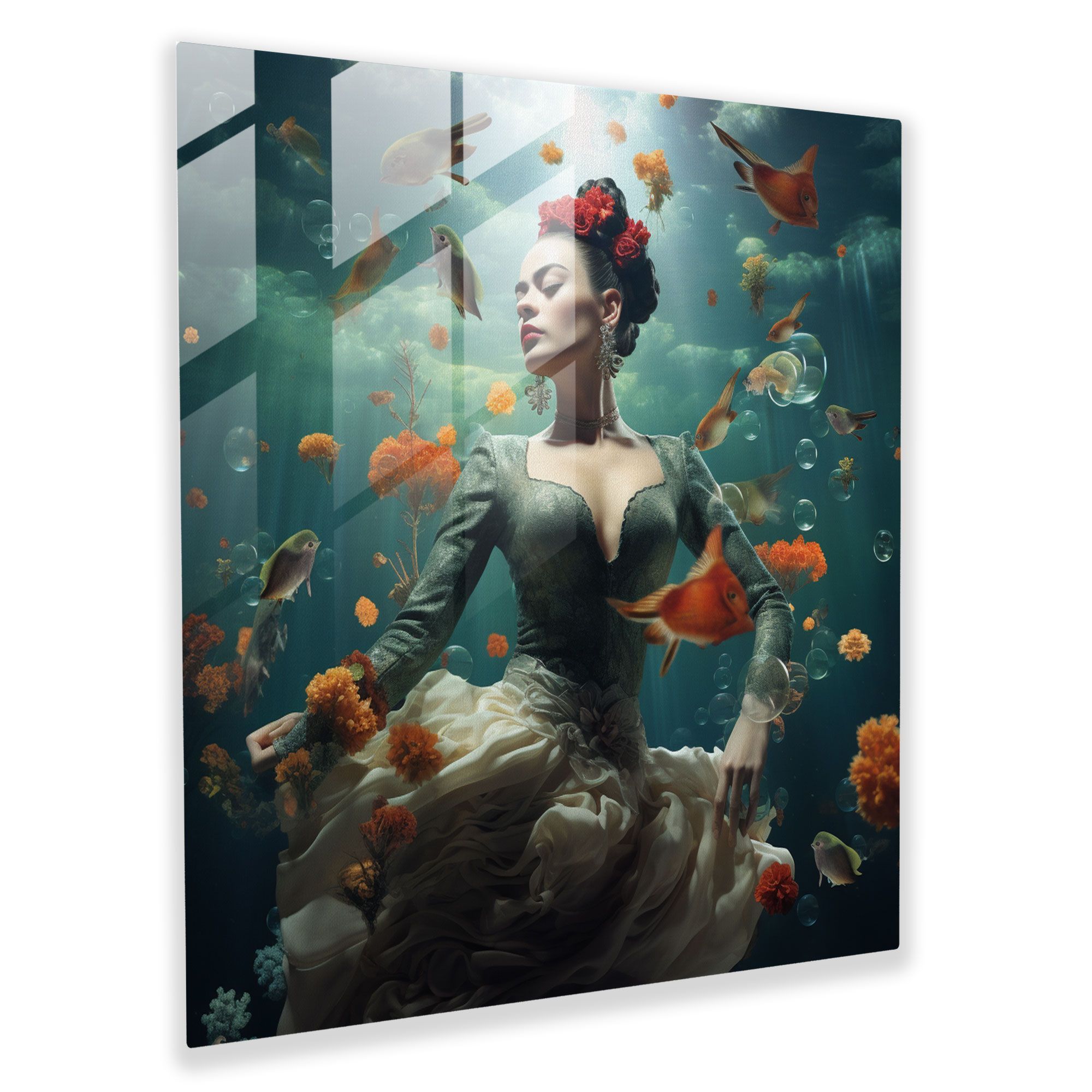 Frida Kahlo Glass Print - Frida Kahlo, Floating Elements, Wall Decoration, Glass Art