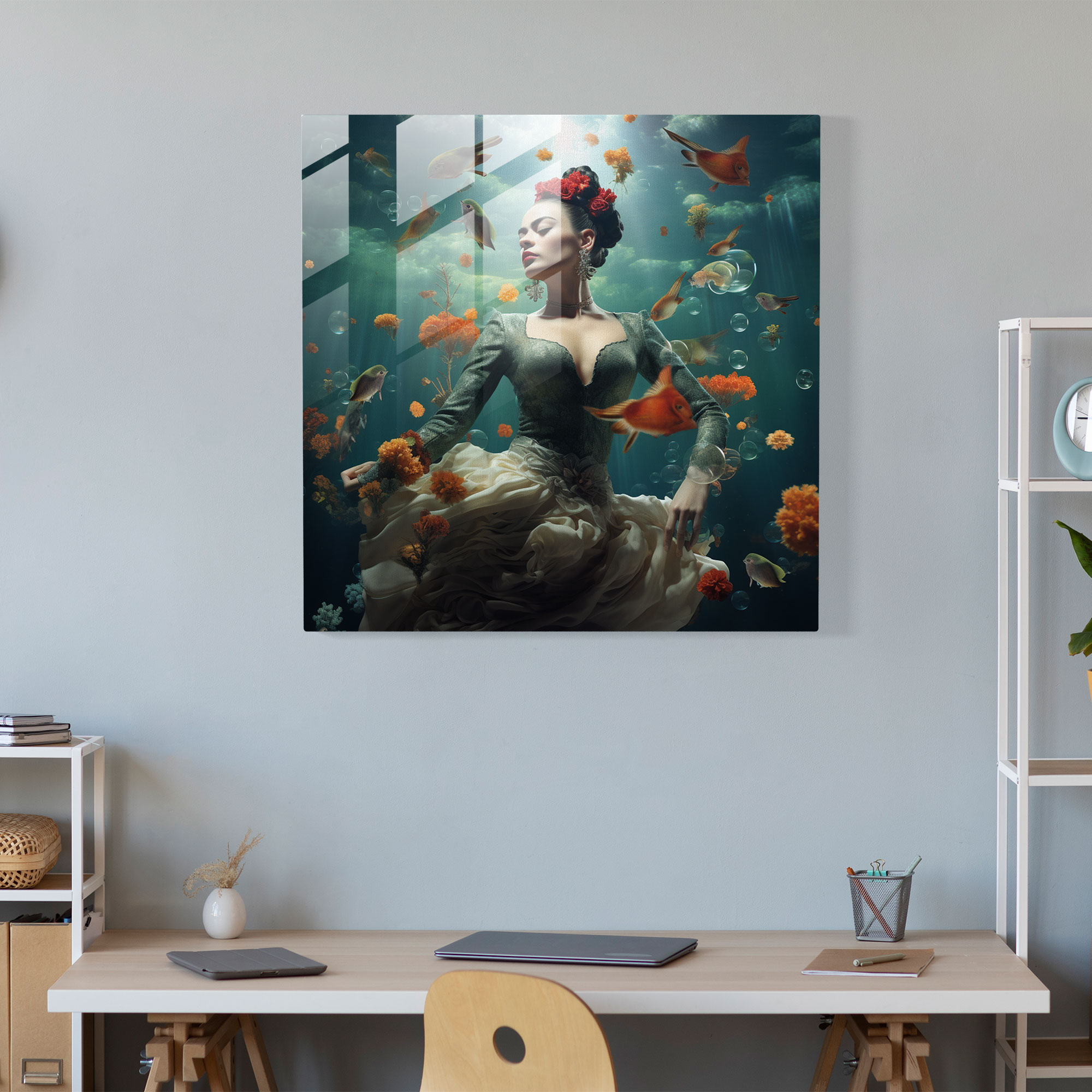 Frida Kahlo Glass Print - Frida Kahlo, Floating Elements, Wall Decoration, Glass Art