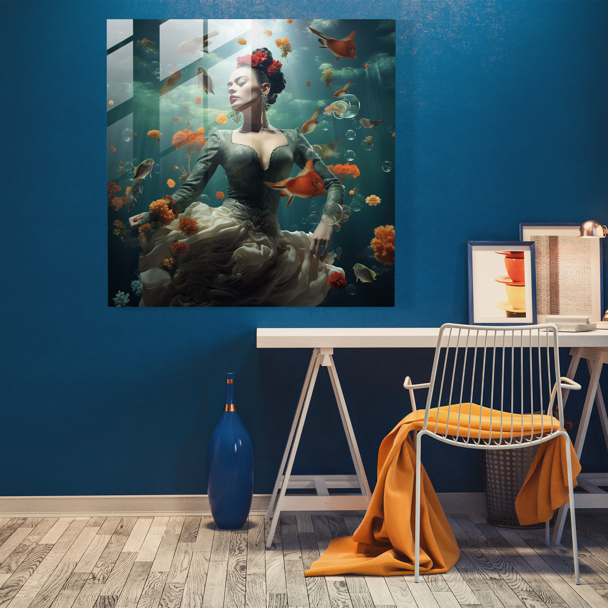 Frida Kahlo Glass Print - Frida Kahlo, Floating Elements, Wall Decoration, Glass Art