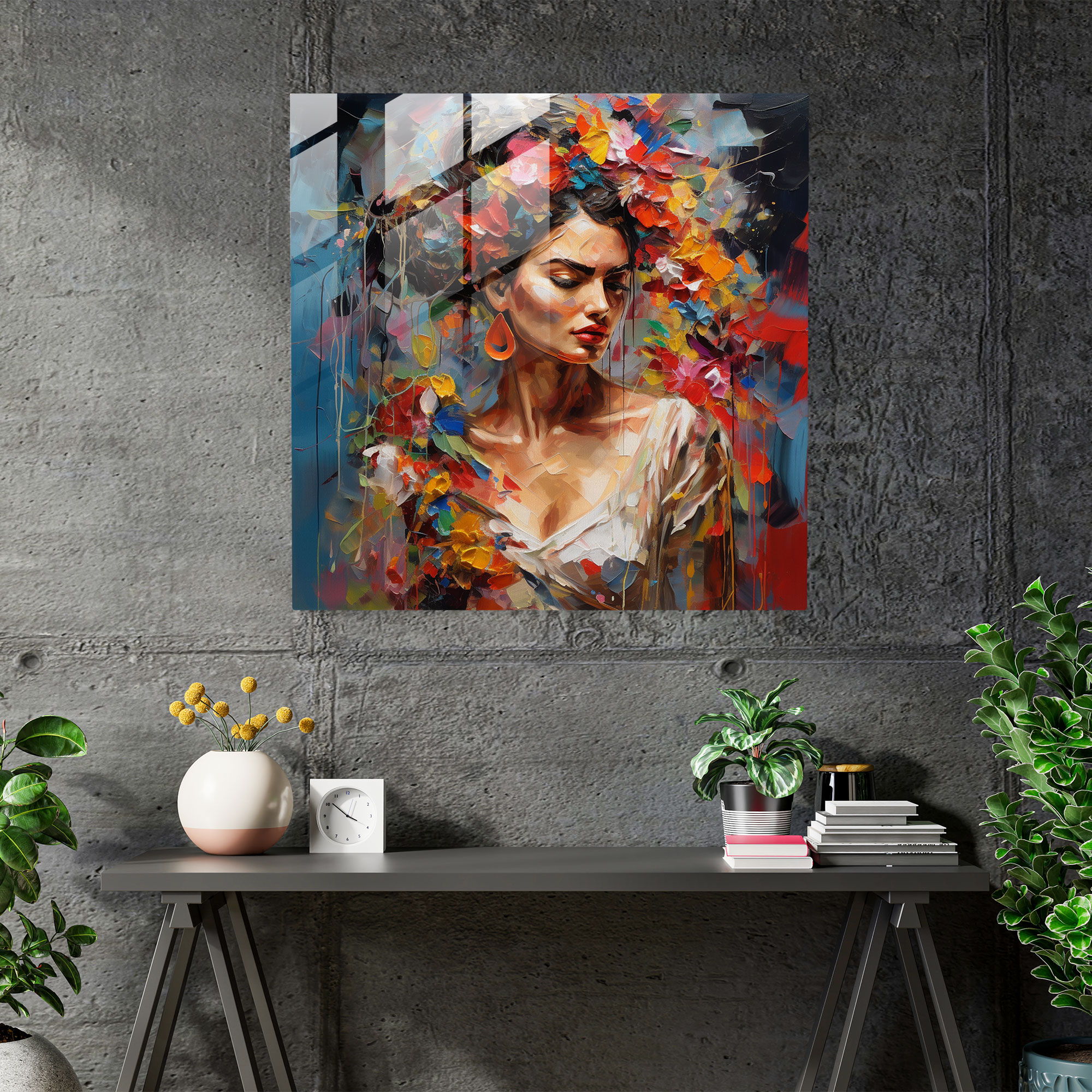 Frida Kahlo Glass Print - Frida Kahlo, Frida Kahlo, Wall Decoration, Abstract Expressionist Painting
