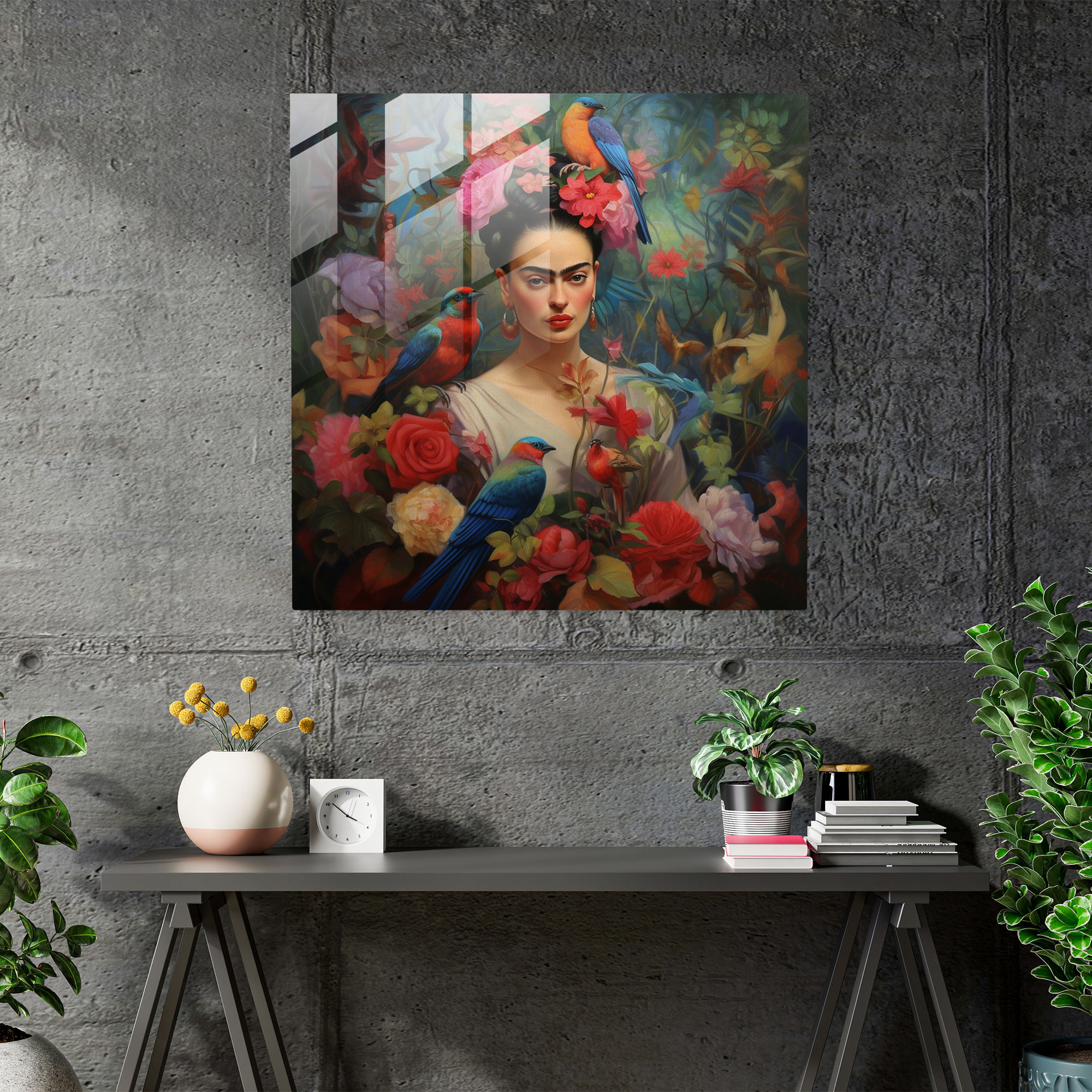Frida Kahlo Cam Tablo - Botanik Uyum - Modern Sanat Cam Tablo Botanik Unsurlar
