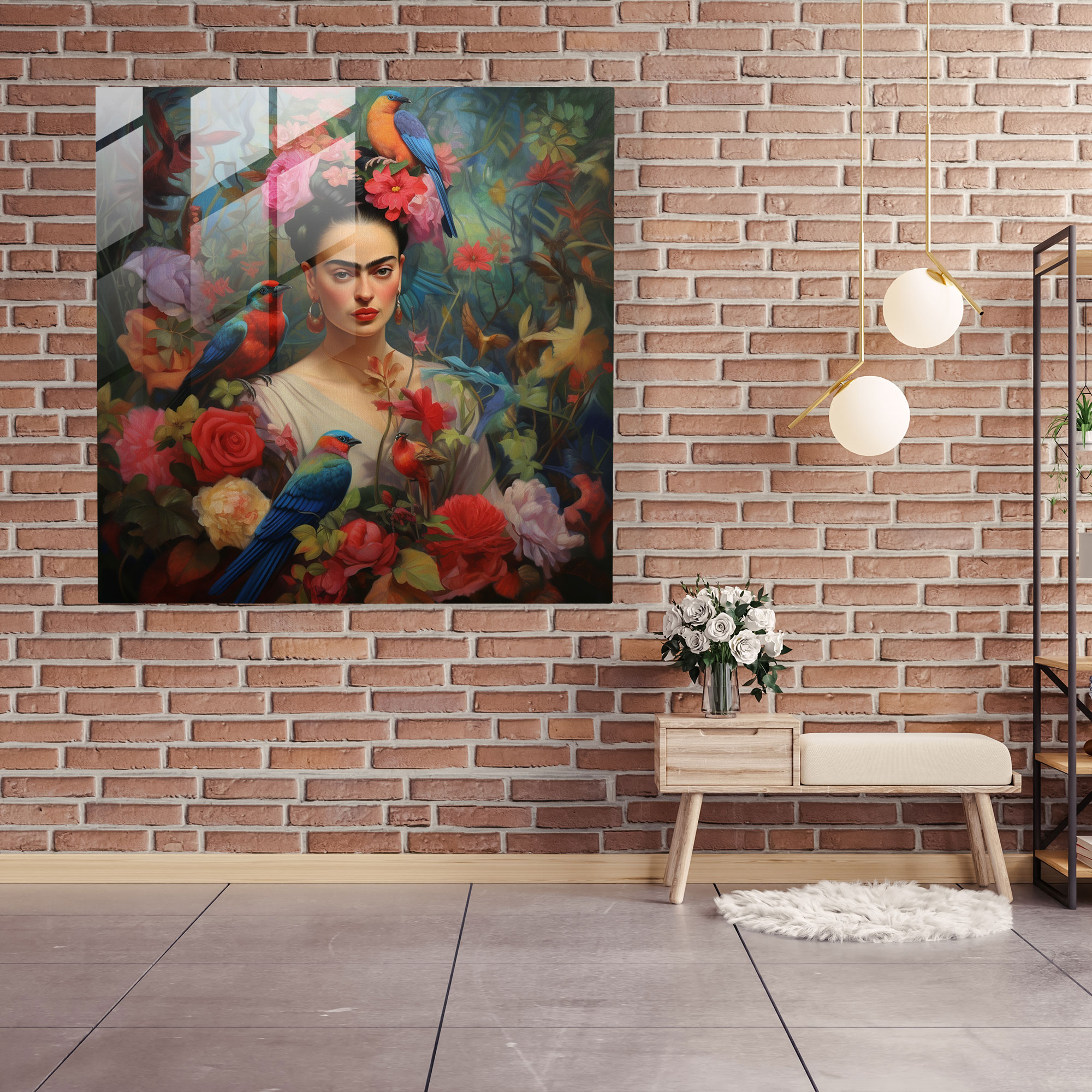 Frida Kahlo Cam Tablo - Botanik Uyum - Modern Sanat Cam Tablo Botanik Unsurlar