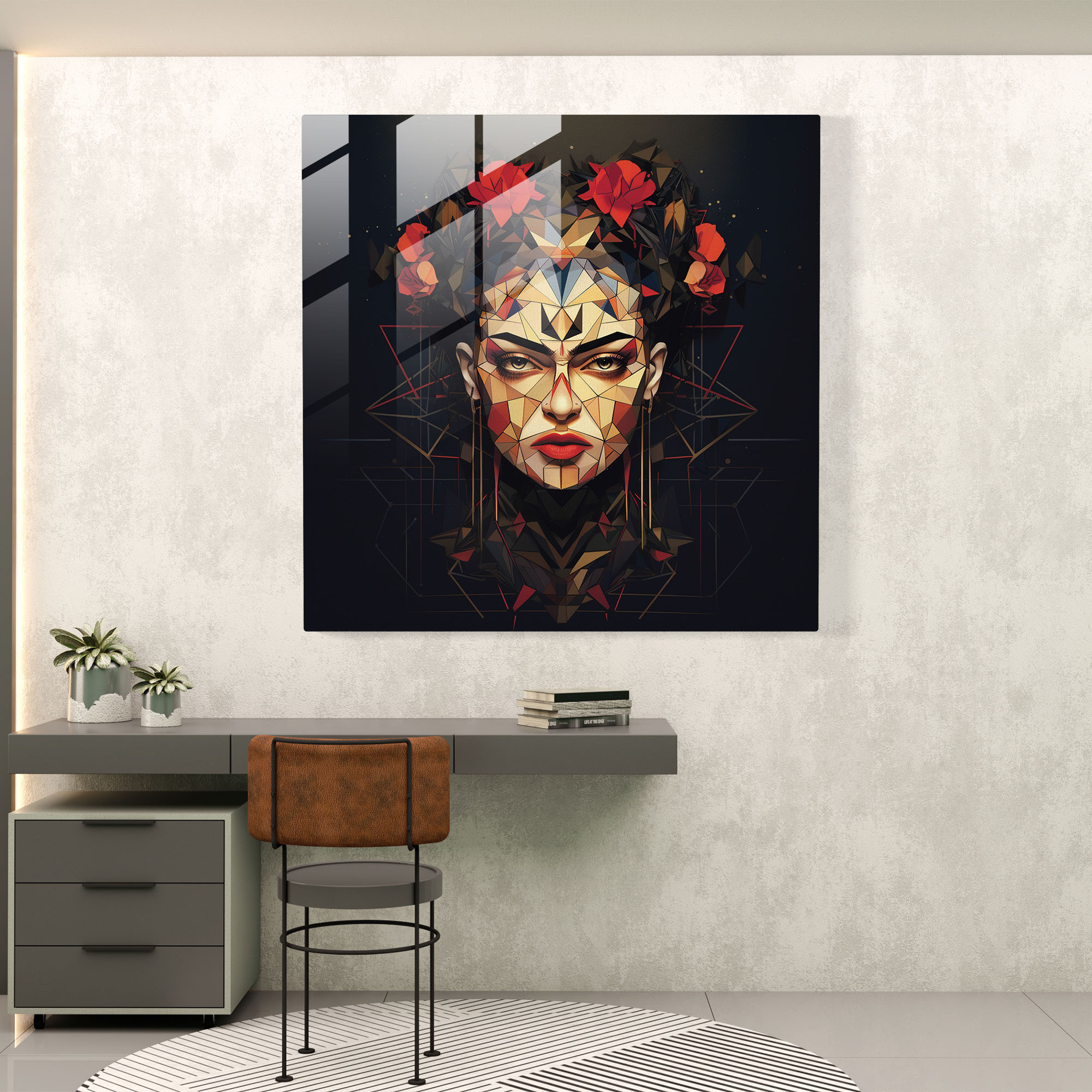 Frida Kahlo Glass Print - Frida Kahlo, Geometric Portrait, Glass Art, Wall Decoration