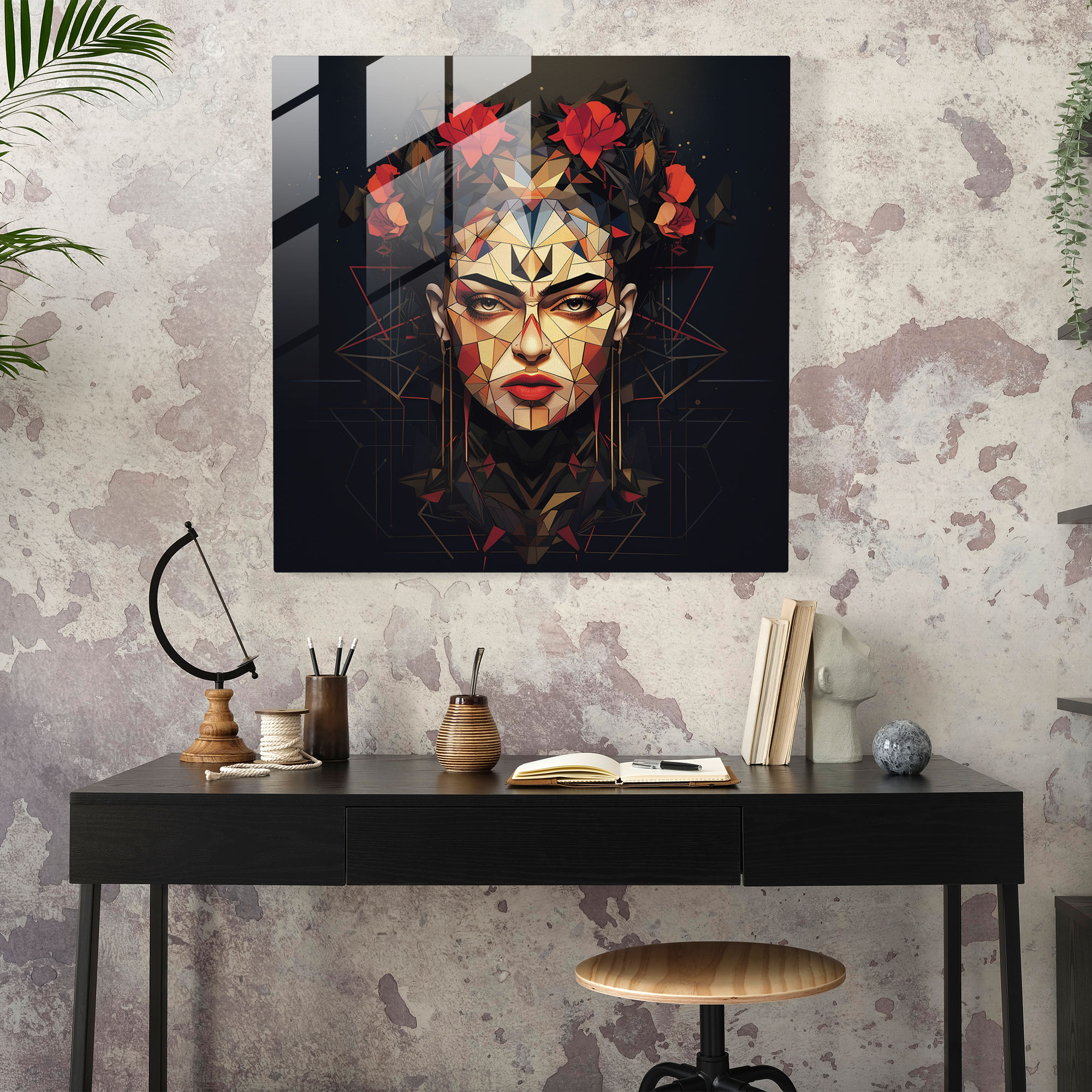 Frida Kahlo Glass Print - Frida Kahlo, Geometric Portrait, Glass Art, Wall Decoration