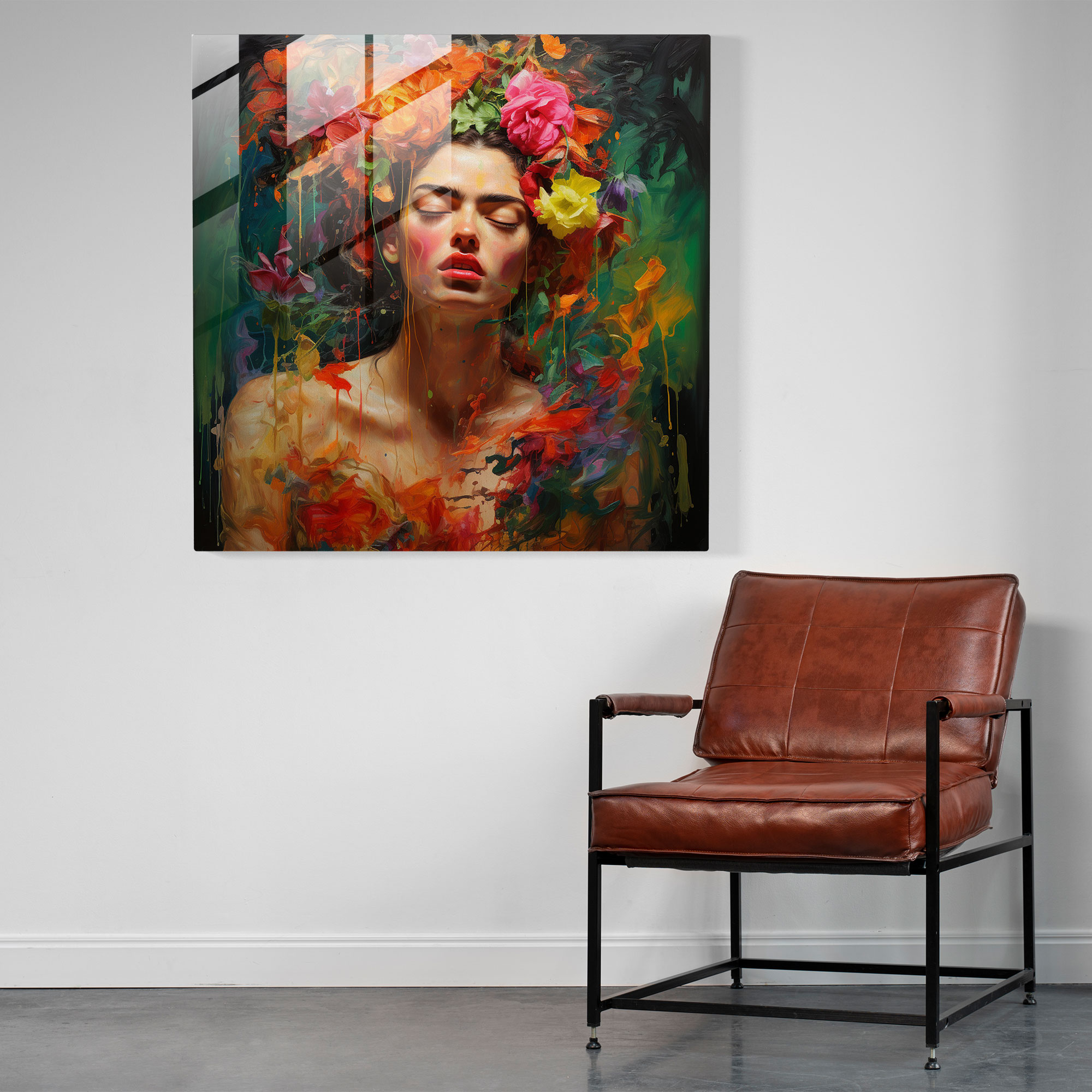 Duygusal Öz Portre Cam Tablo - Frida Kahlo İlhamlı - Frida Kahlo Duvar Dekorasyonu İçsel Mücadeleler Modern Sanat