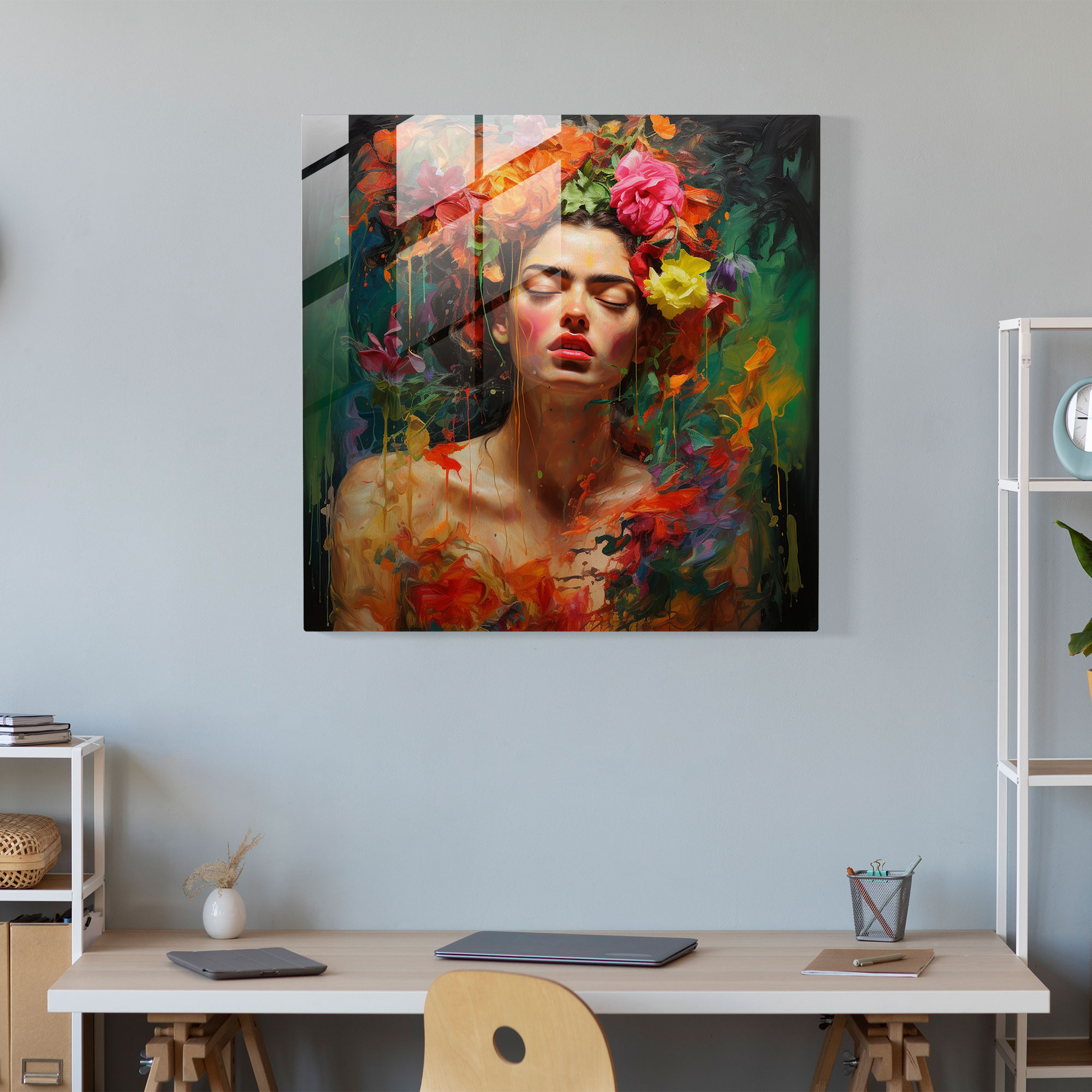 Duygusal Öz Portre Cam Tablo - Frida Kahlo İlhamlı - Frida Kahlo Duvar Dekorasyonu İçsel Mücadeleler Modern Sanat