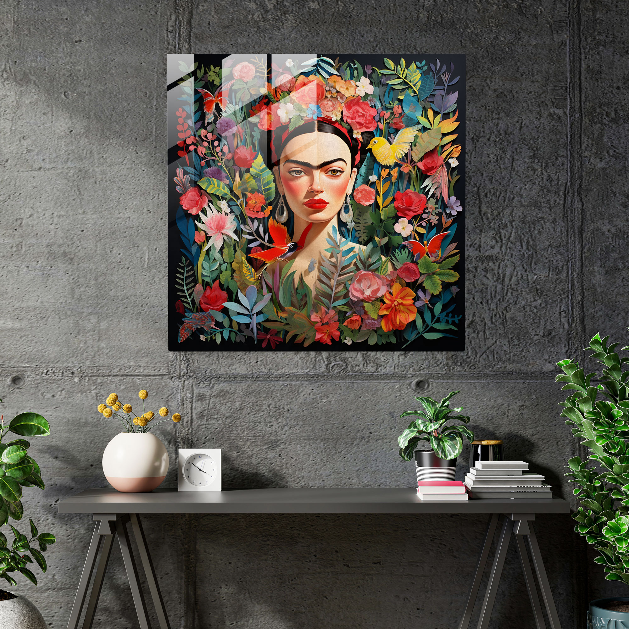 Doğanın İhtişamı Cam Tablo - Frida Kahlo İlhamlı - Oyunbaz ve Şaşırtıcı Cam Duvar Sanatı