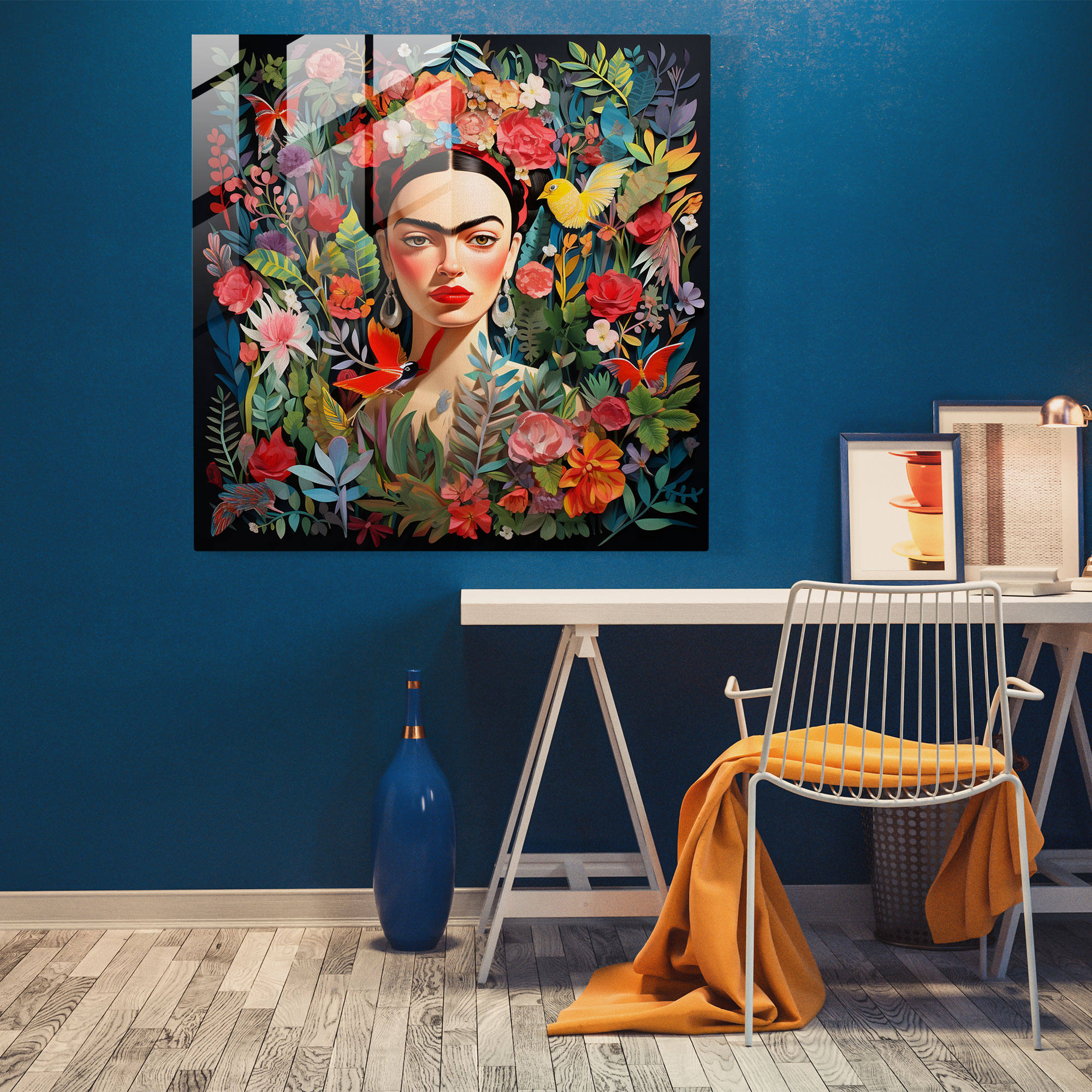 Doğanın İhtişamı Cam Tablo - Frida Kahlo İlhamlı - Oyunbaz ve Şaşırtıcı Cam Duvar Sanatı