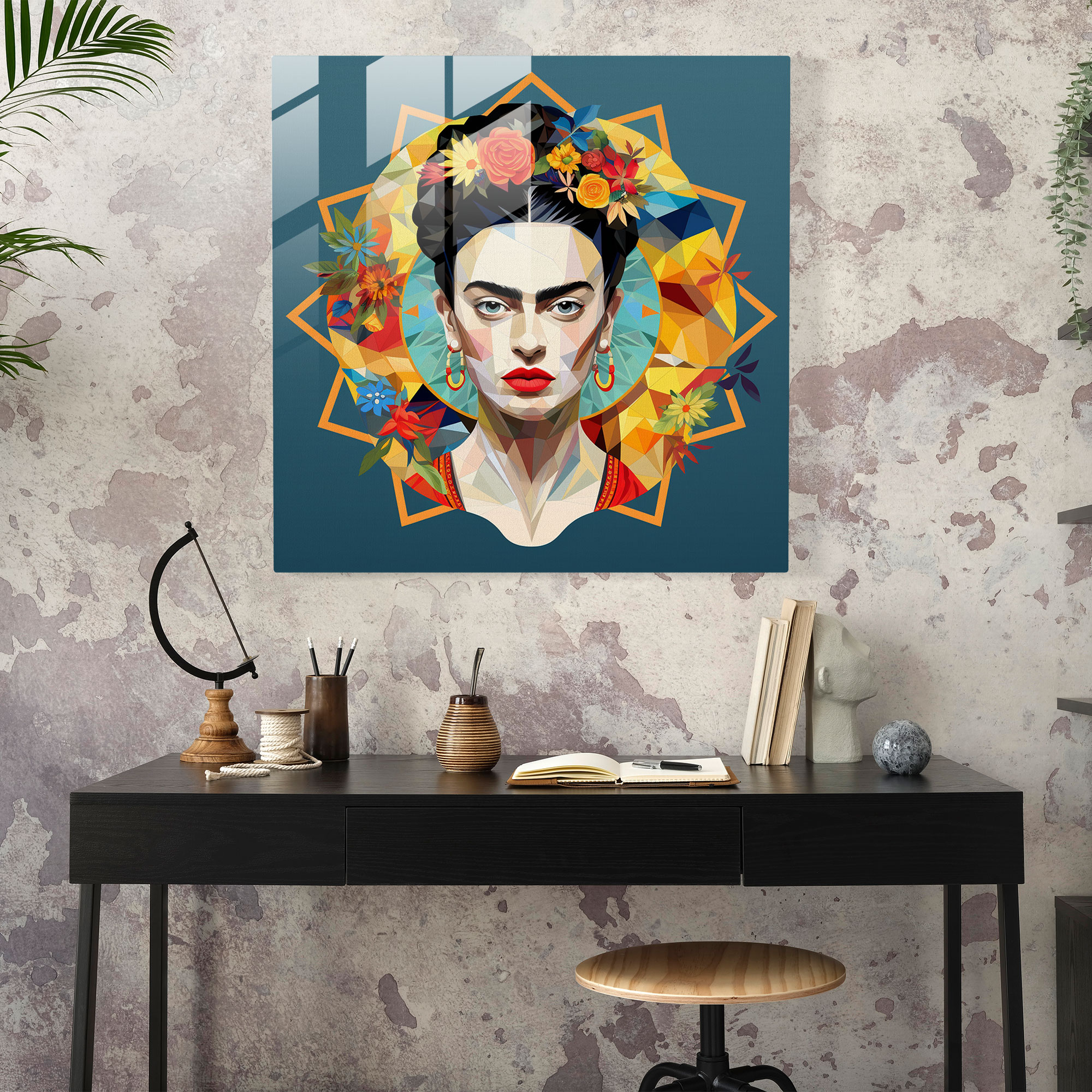 Geometrik Frida Kahlo Cam Tablo - Frida Kahlo Ev Dekorasyonu Cam Sanatı