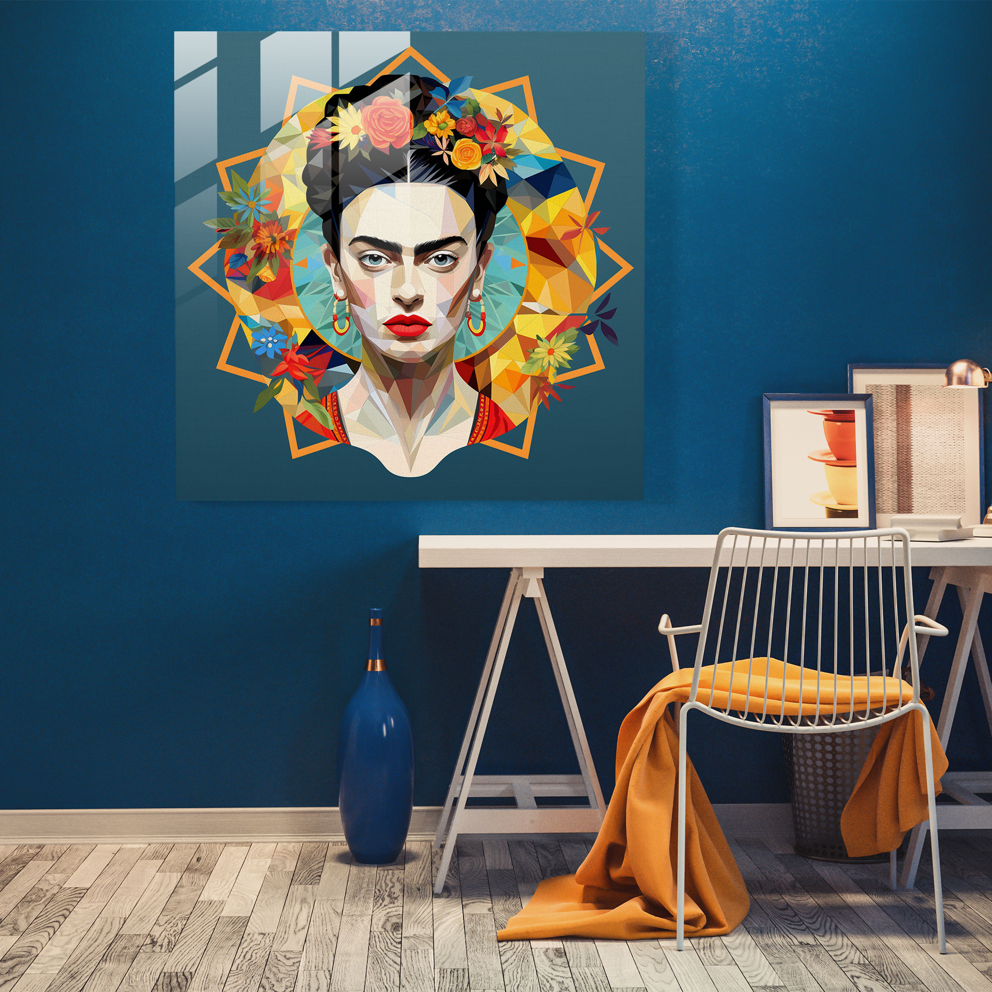 Geometrik Frida Kahlo Cam Tablo - Frida Kahlo Ev Dekorasyonu Cam Sanatı