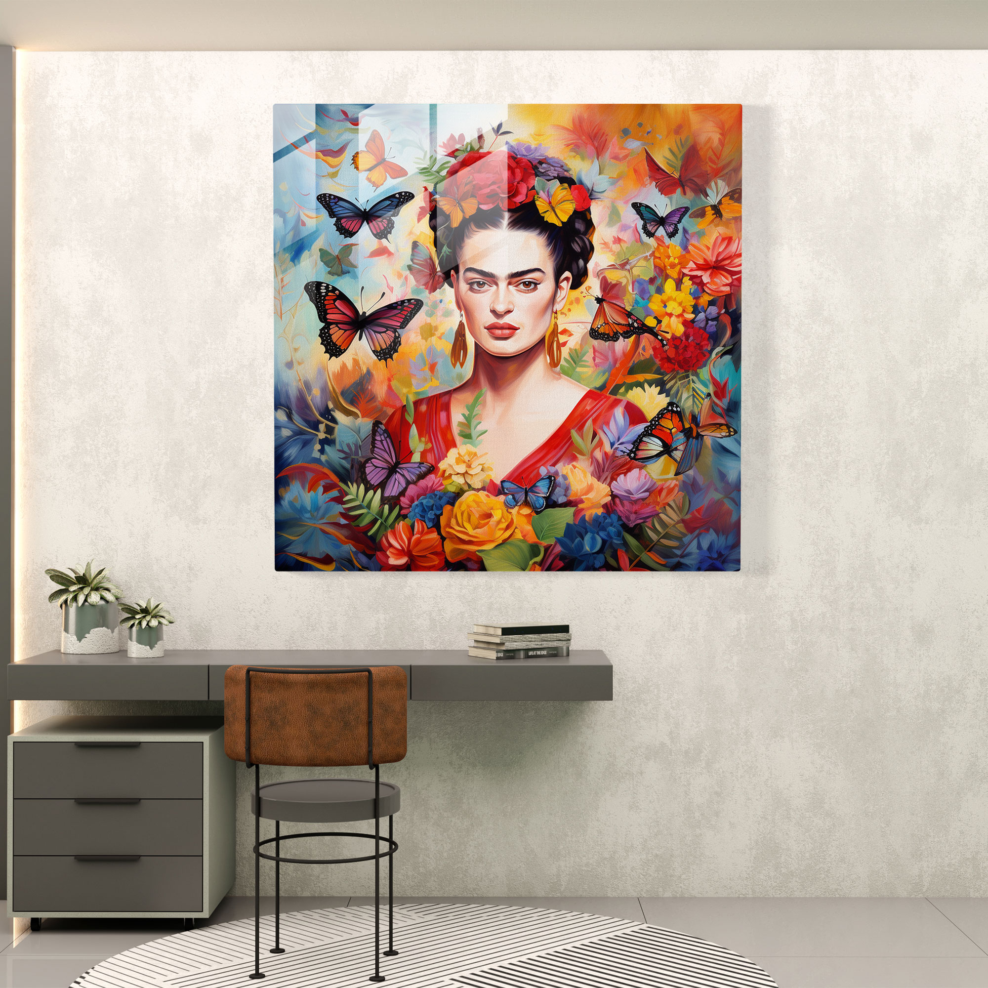 Frida Kahlo Glass Print - Frida Kahlo, Flowers, Wall Decoration, Glass Art