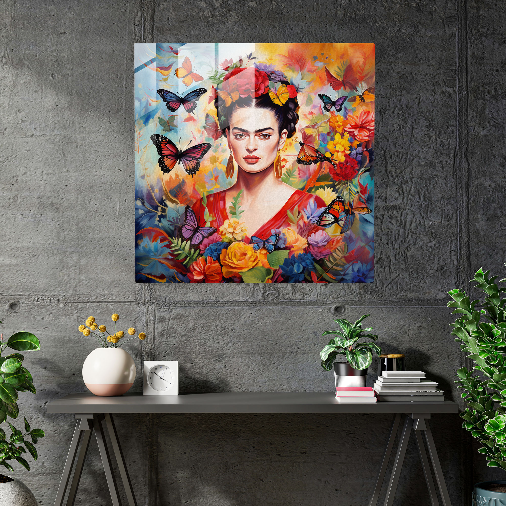 Frida Kahlo Glass Print - Frida Kahlo, Flowers, Wall Decoration, Glass Art