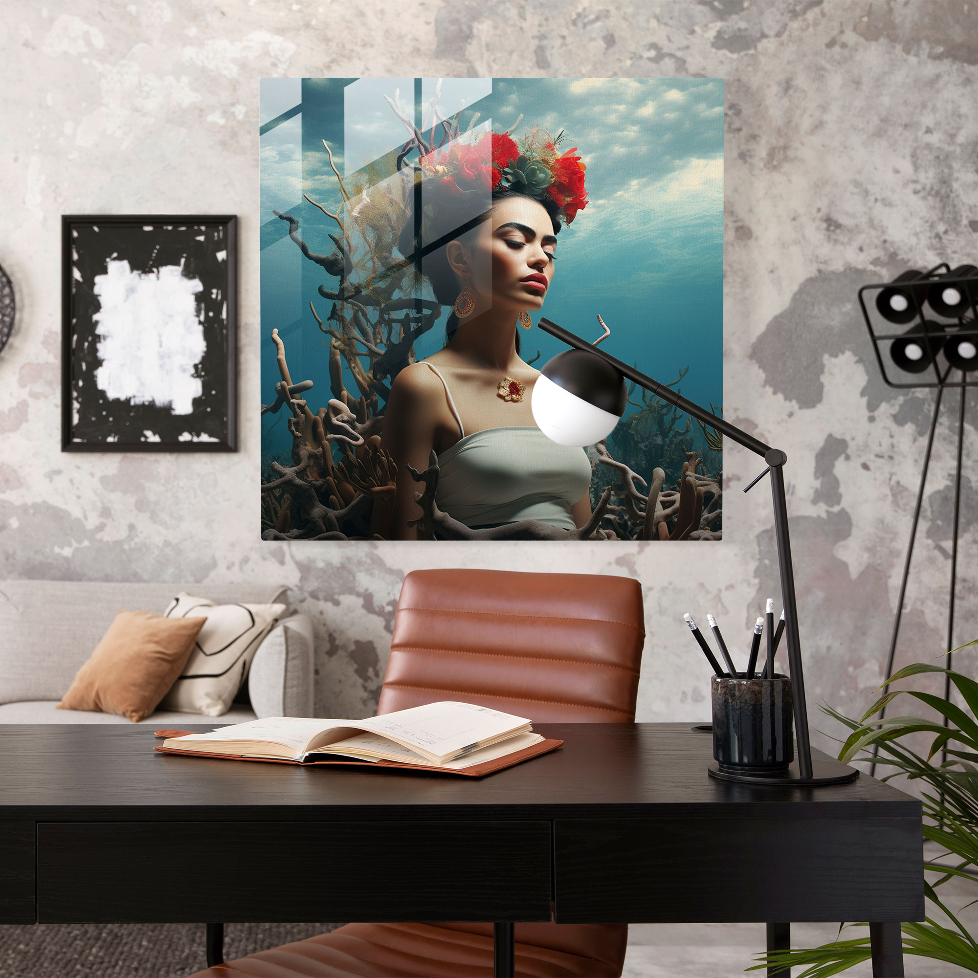 Gerçeküstü Frida Kahlo Cam Tablo - Frida Kahlo Ev Dekorasyonu Diken Taçlı