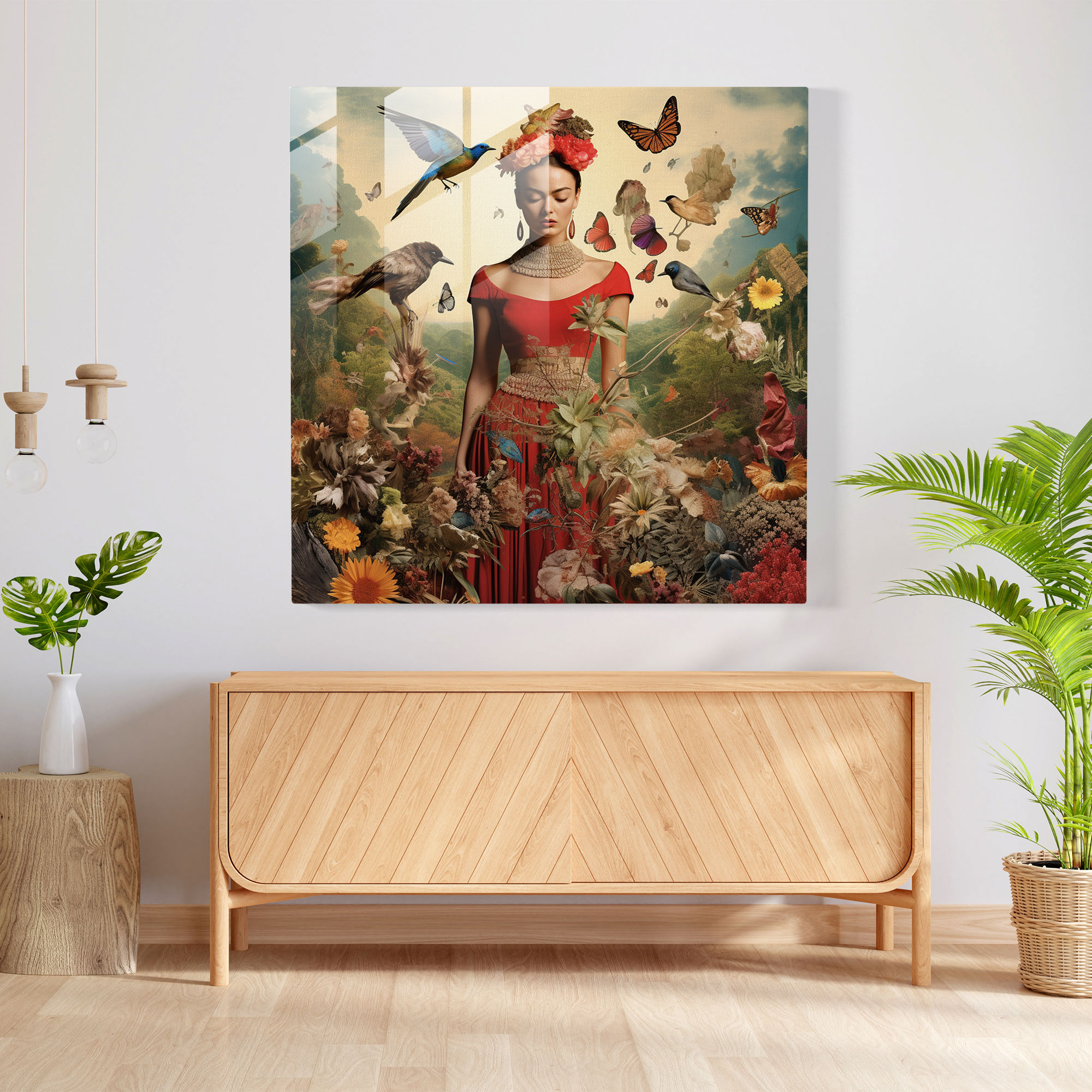 Sürreal Kolaaj Cam Tablo - Frida Kahlo Sürreal Duvar Dekorasyonu Cam Duvar Sanatı