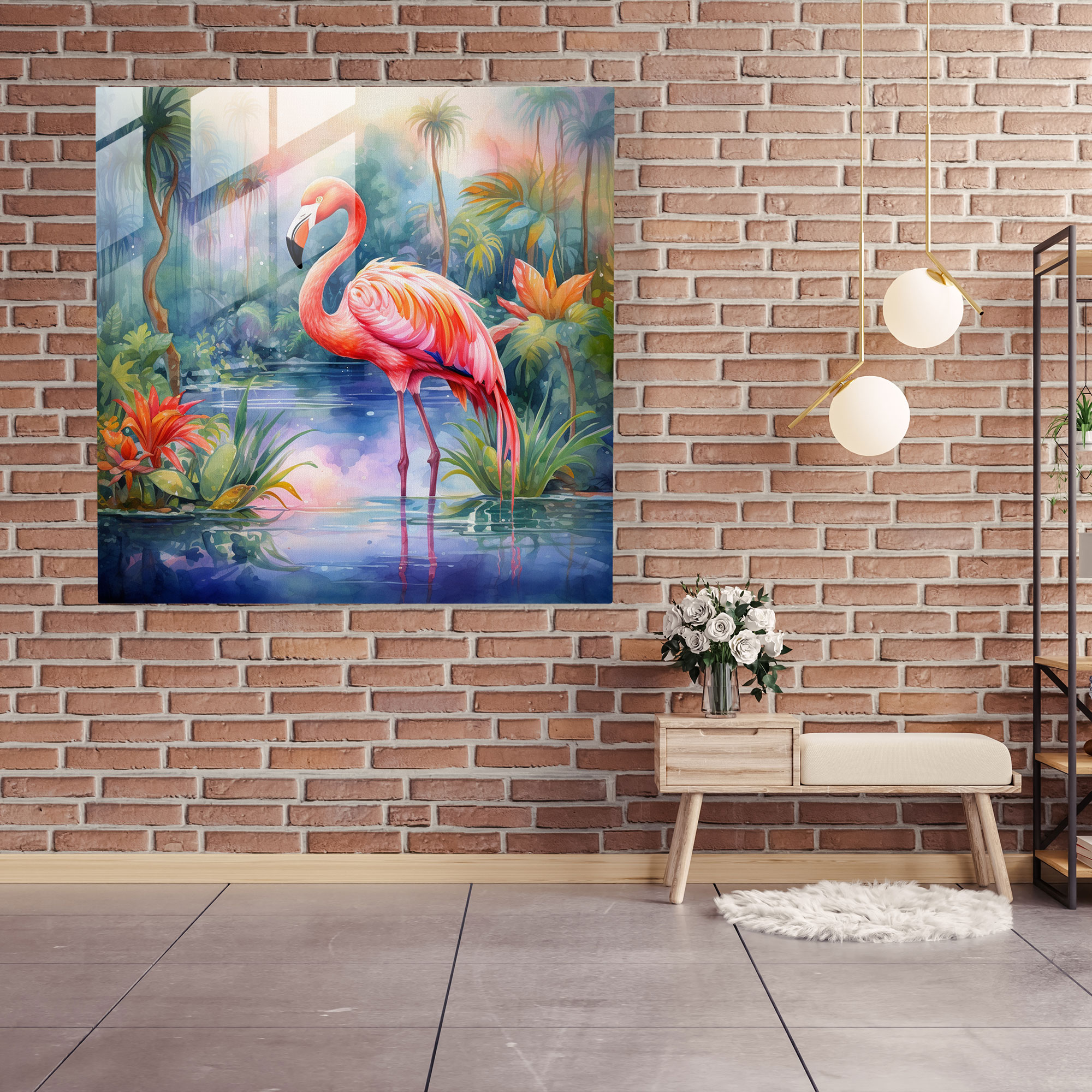Tropical Paradise Flamingo Glass Print - Flamingo, Home Decoration, Modern Art, Wall Decoration
