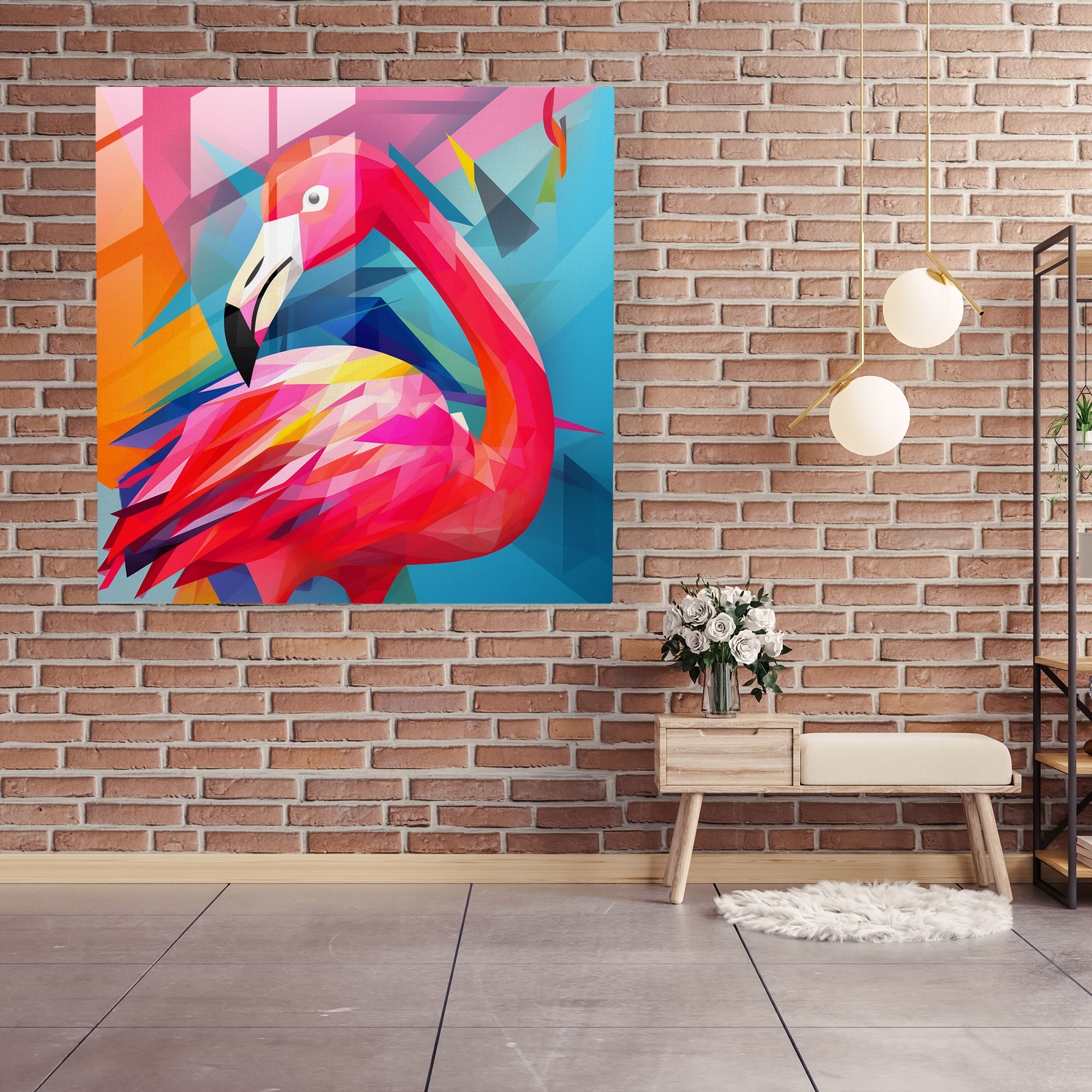 Geometric Flamingo Glass Print - Flamingo, Wall Decoration, Geometric, Glass Art