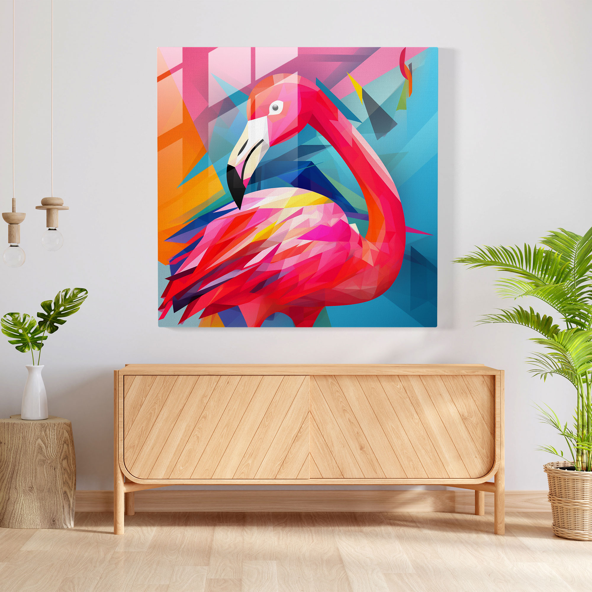 Geometric Flamingo Glass Print - Flamingo, Wall Decoration, Geometric, Glass Art