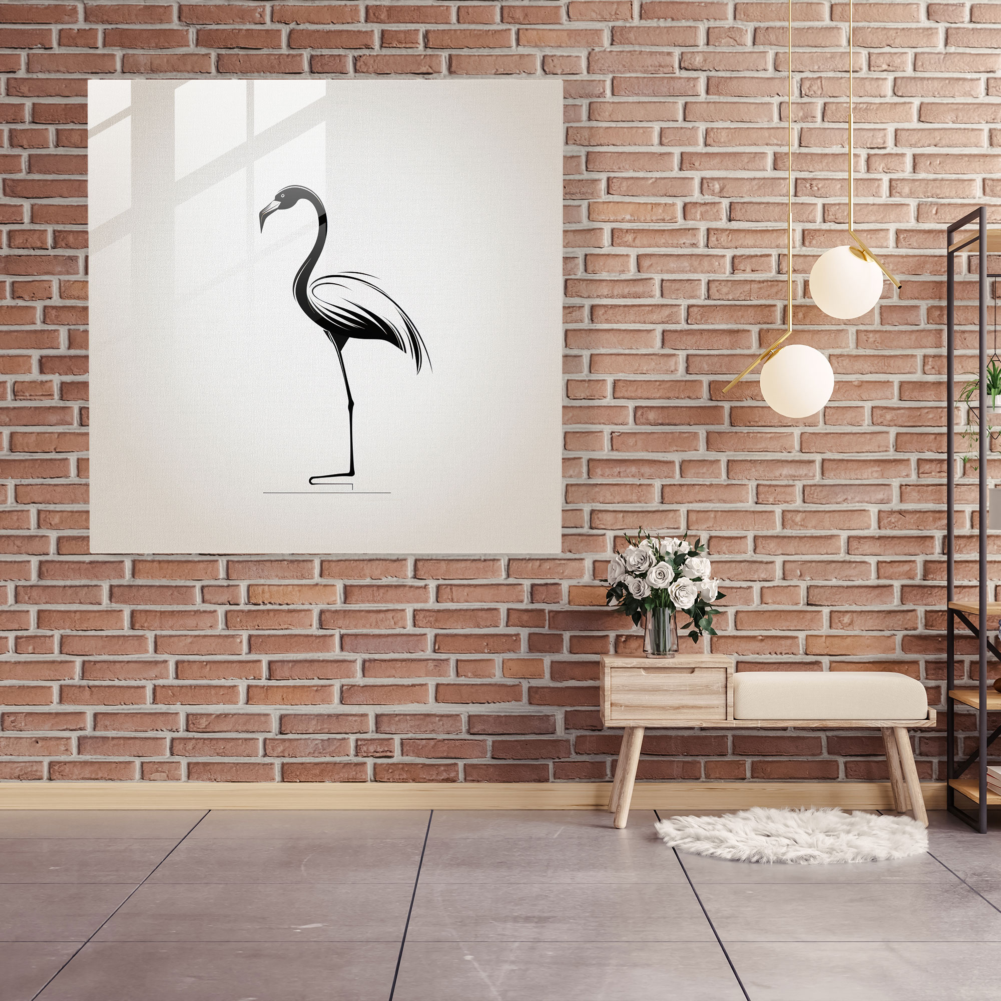 Huzurlu Çizgiler Flamingo Cam Tablo - Flamingo Cam Sanat Siyah ve Beyaz Cam Duvar Sanatı