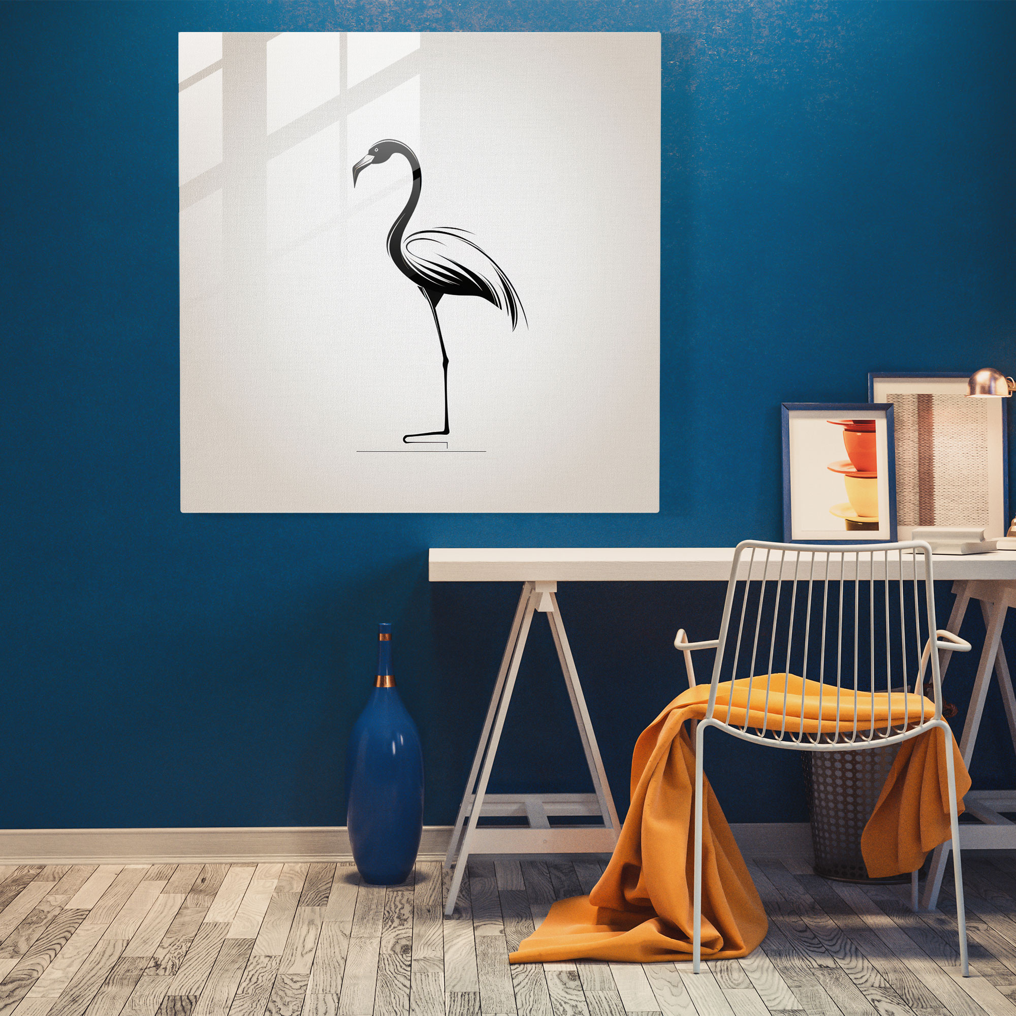 Huzurlu Çizgiler Flamingo Cam Tablo - Flamingo Cam Sanat Siyah ve Beyaz Cam Duvar Sanatı