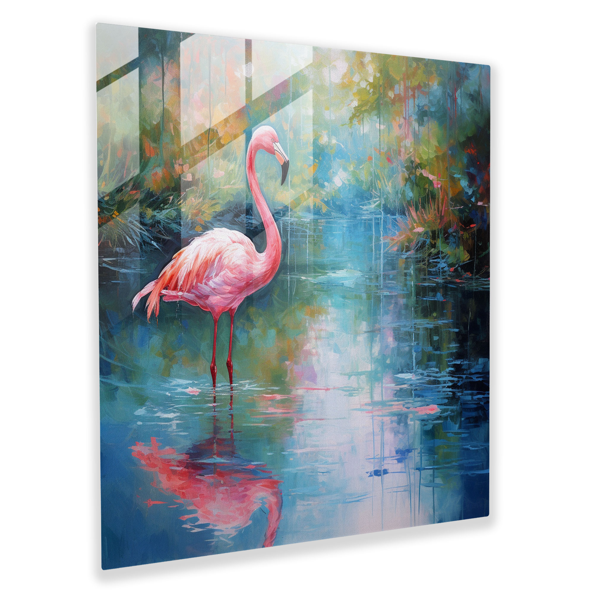 Tranquil Waters Flamingo Glass Print - Flamingo, Impressionist Painting, Flamingo, Glass Art