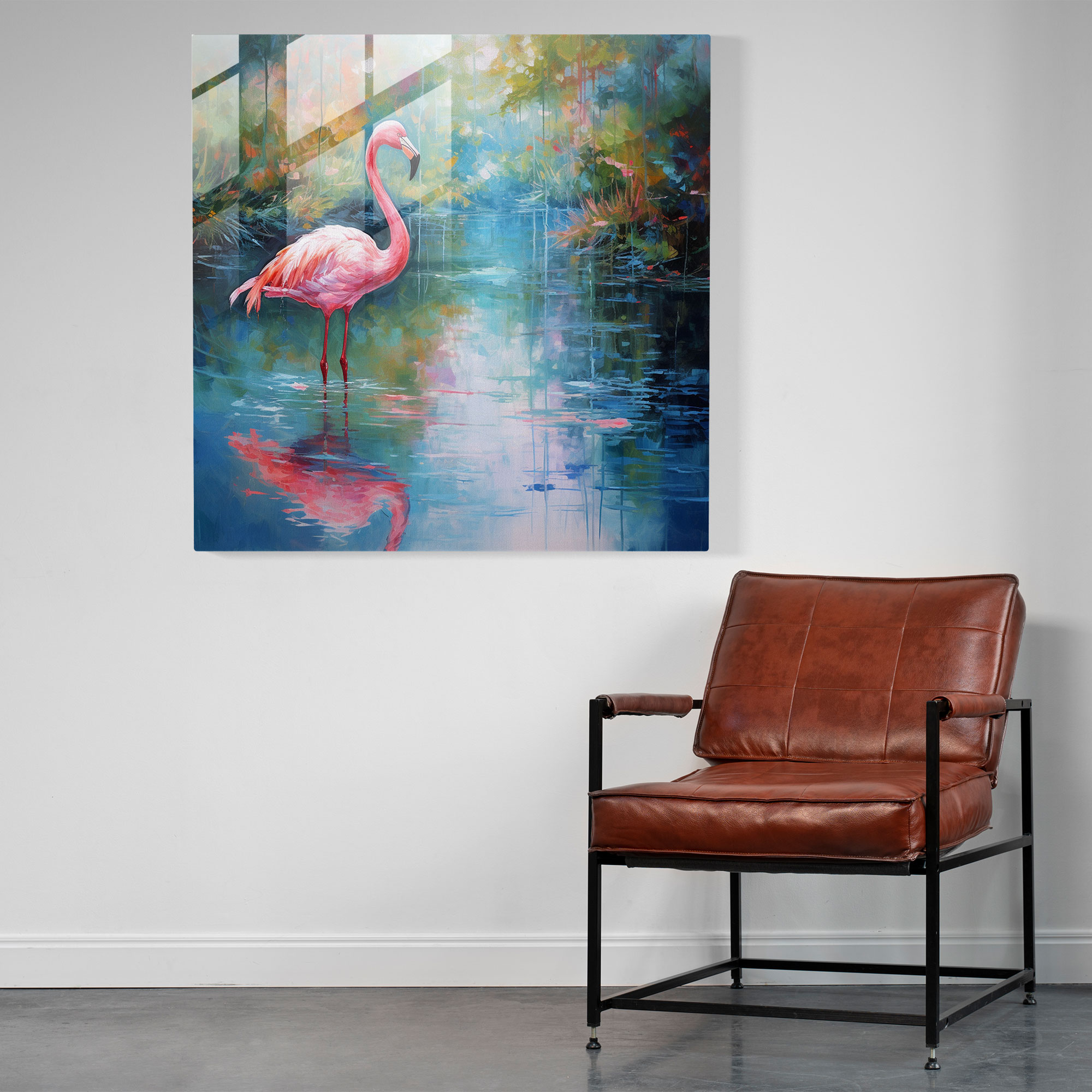 Tranquil Waters Flamingo Glass Print - Flamingo, Impressionist Painting, Flamingo, Glass Art