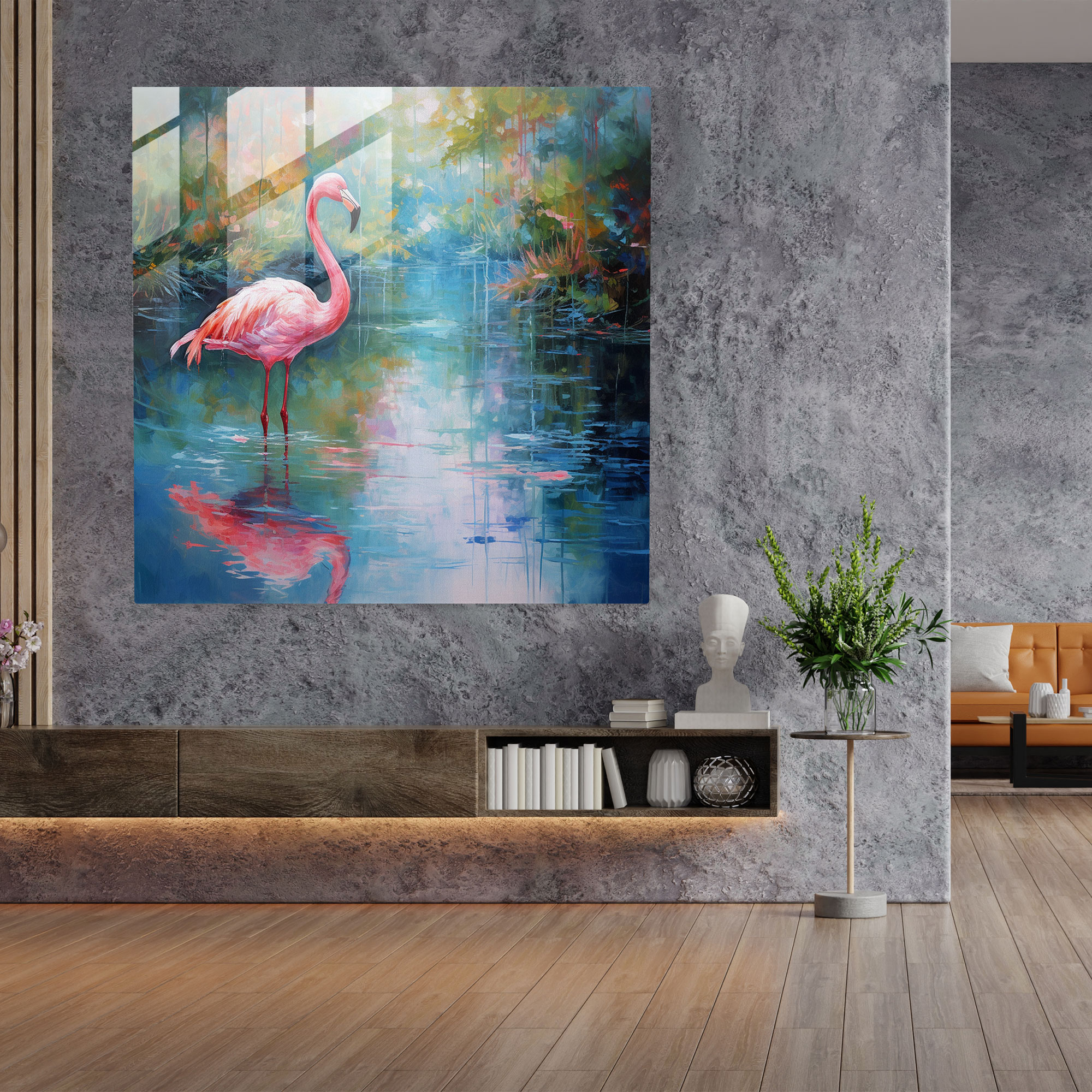 Tranquil Waters Flamingo Glass Print - Flamingo, Impressionist Painting, Flamingo, Glass Art