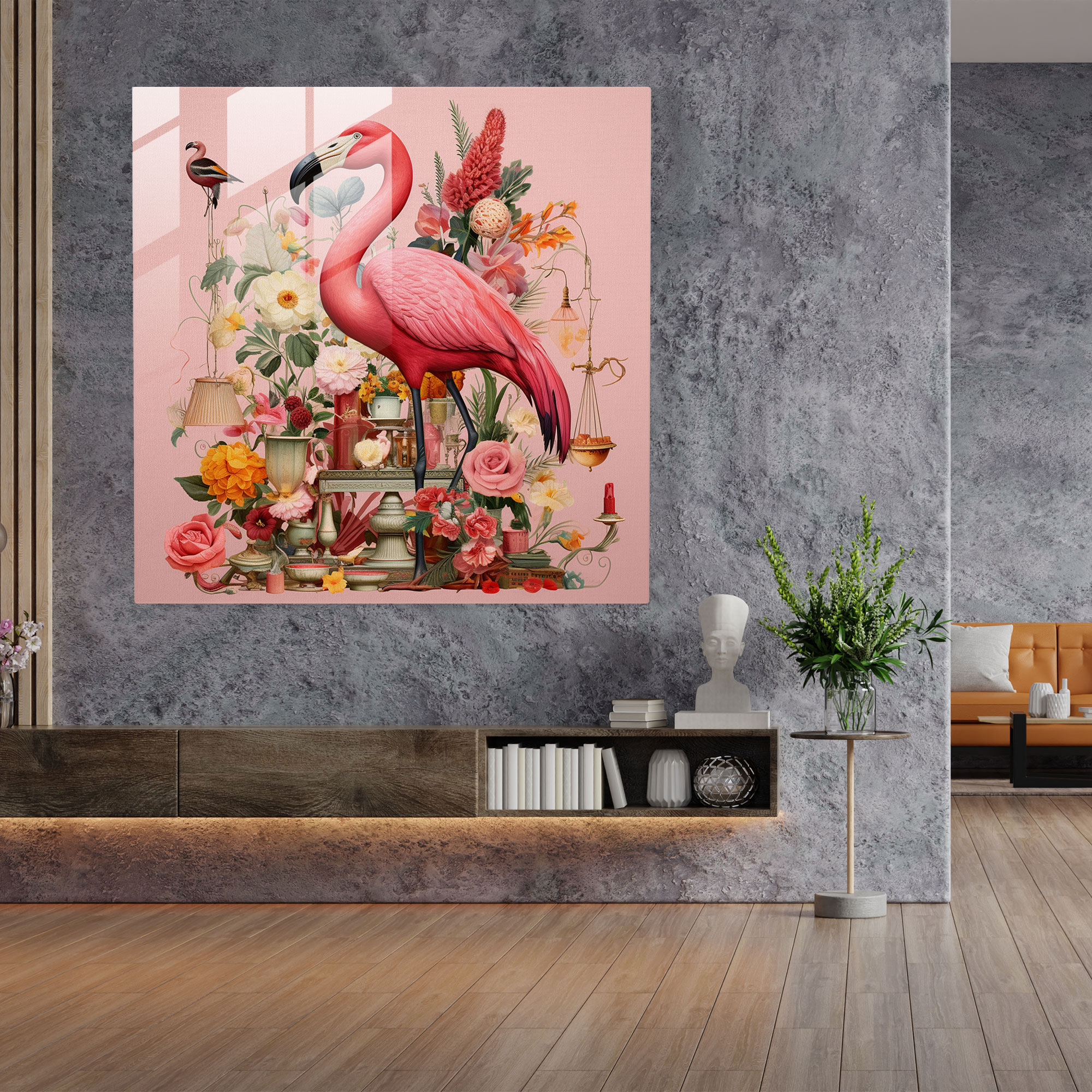 Whimsical Collage Flamingo Glass Print - Flamingo, Flamingo, Glass Print, Wall Decoration