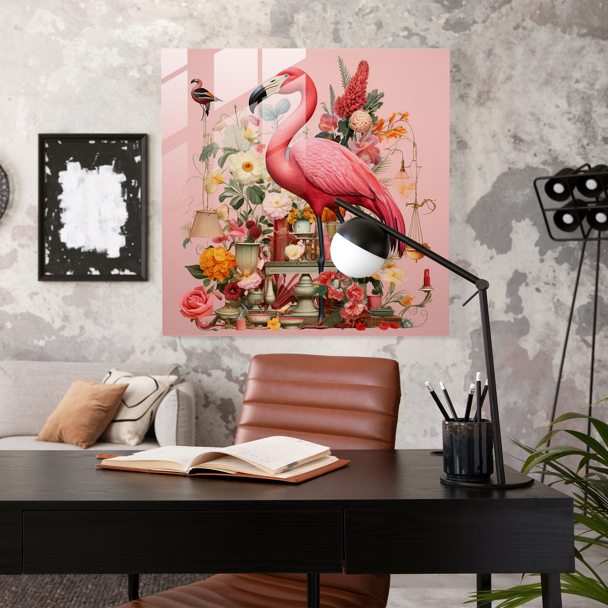 Whimsical Collage Flamingo Glass Print - Flamingo, Flamingo, Glass Print, Wall Decoration