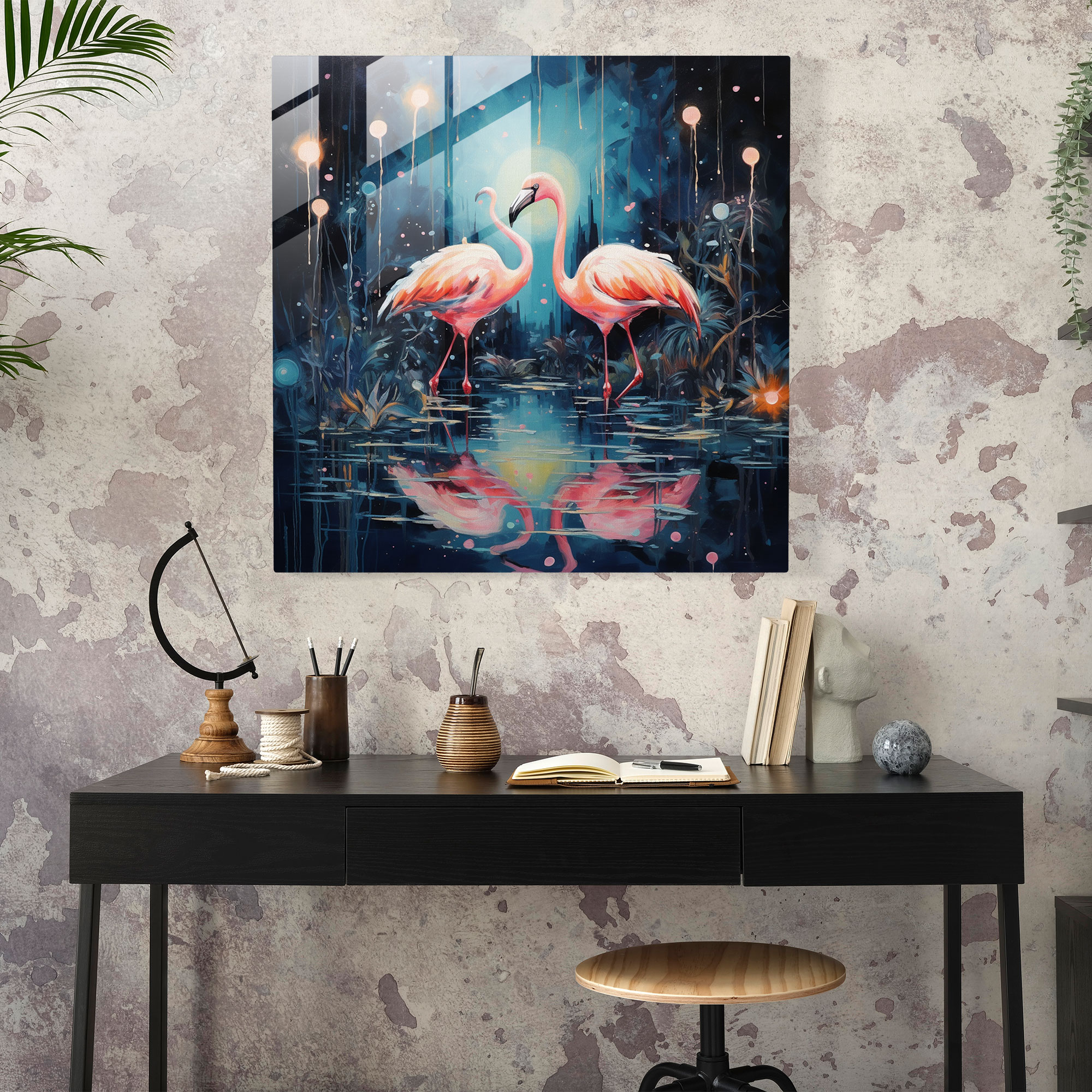 Flamingo Moonlight Glass Print - Flamingo, Flamingo, Glass Art, Moonlight