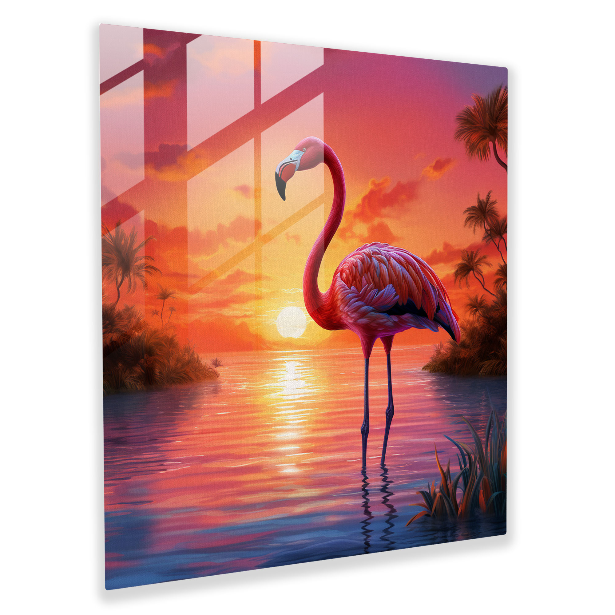 Tropical Sunset Flamingo Glass Print - Flamingo, Modern Art, Glass Print, Vibrant Flamingo