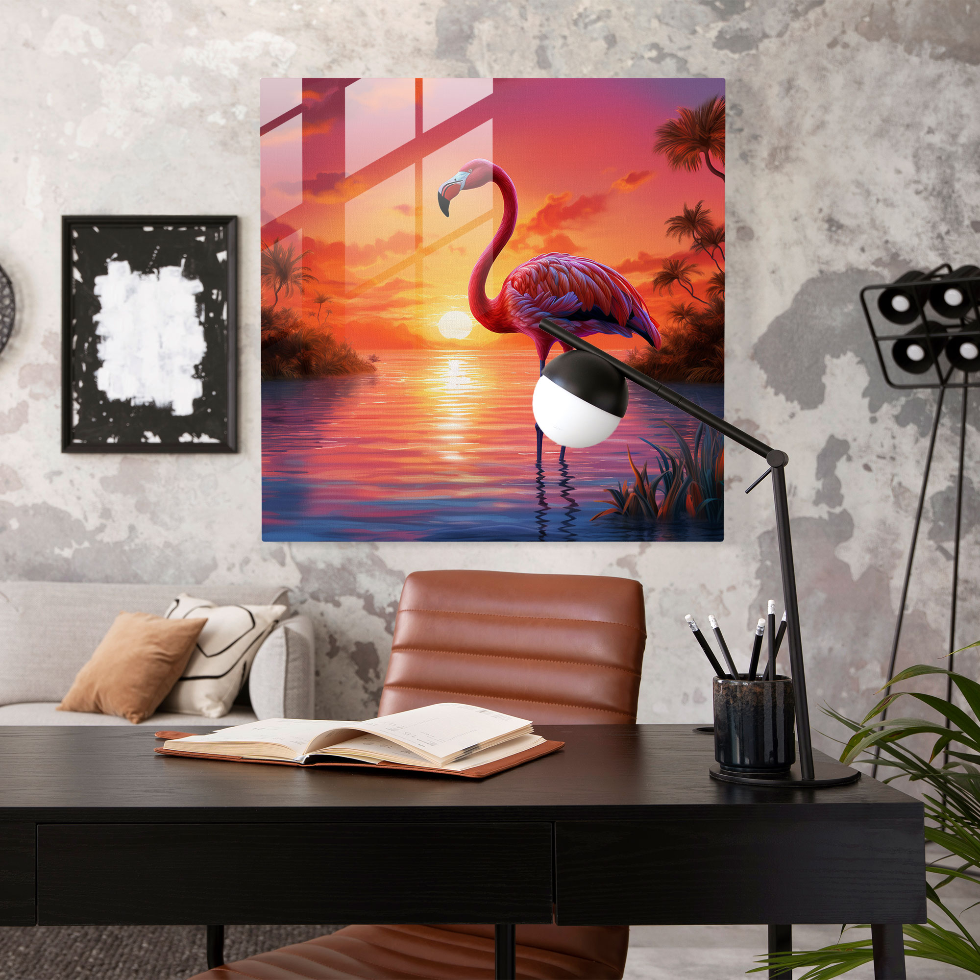 Tropical Sunset Flamingo Glass Print - Flamingo, Modern Art, Glass Print, Vibrant Flamingo