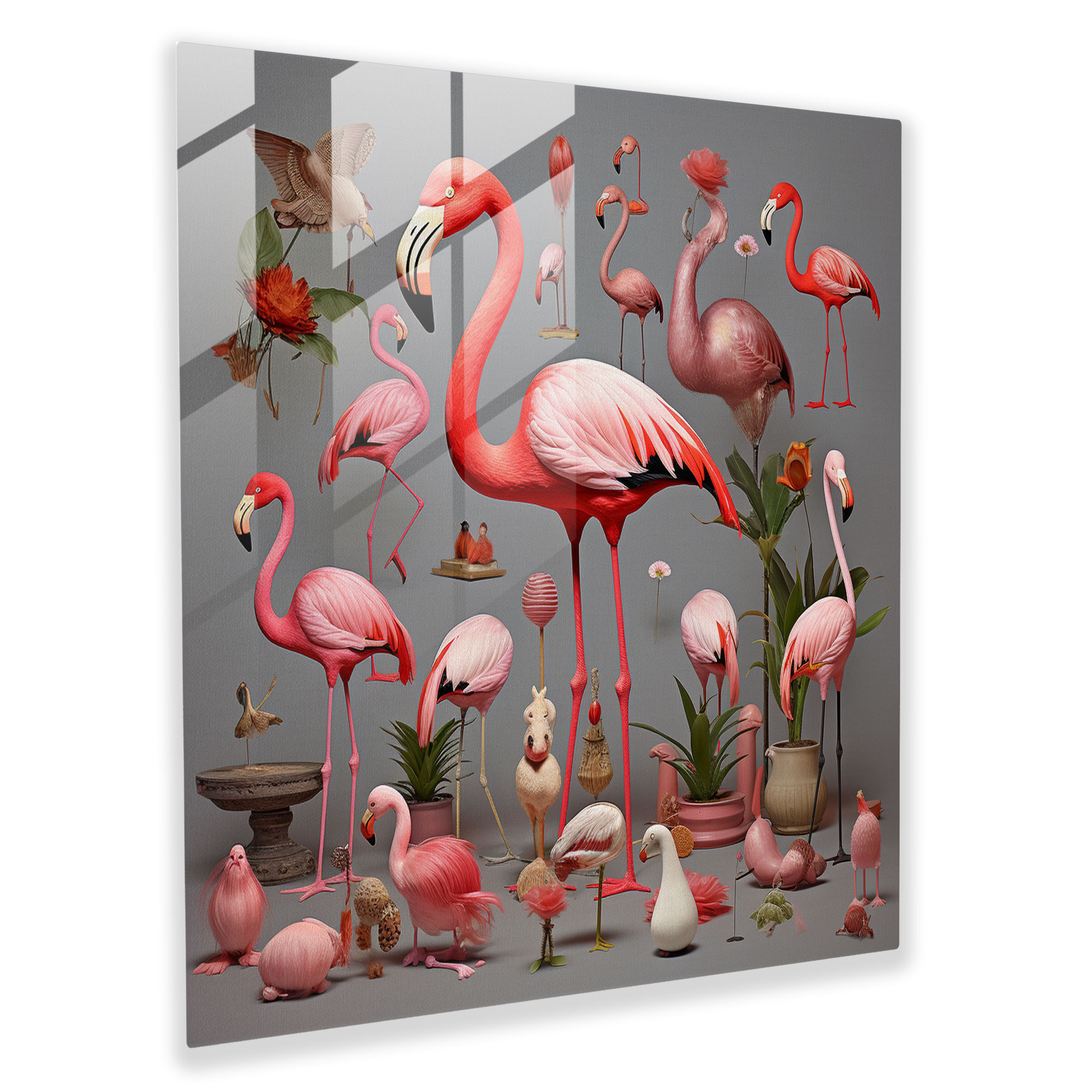 Whimsical Flamingo Collage Glass Print - Flamingo, Glass Art, Whimsical Collage, Modern Art