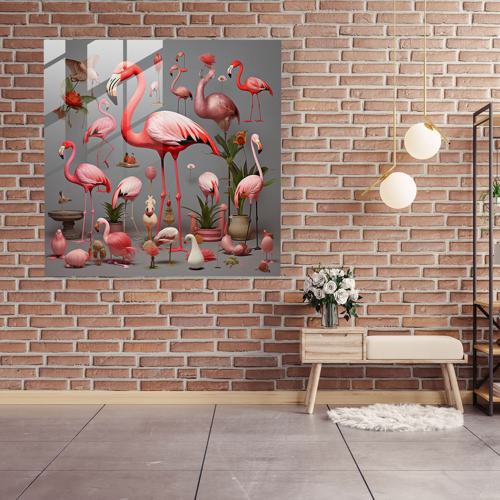 Whimsical Flamingo Collage Glass Print - Flamingo, Glass Art, Whimsical Collage, Modern Art