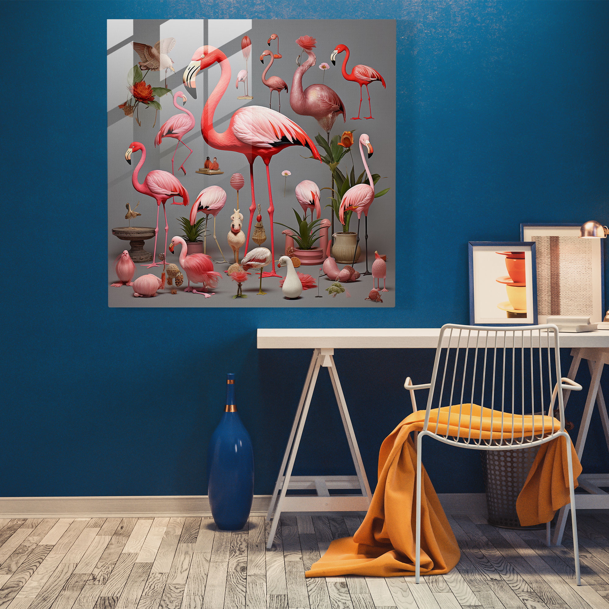 Whimsical Flamingo Collage Glass Print - Flamingo, Glass Art, Whimsical Collage, Modern Art