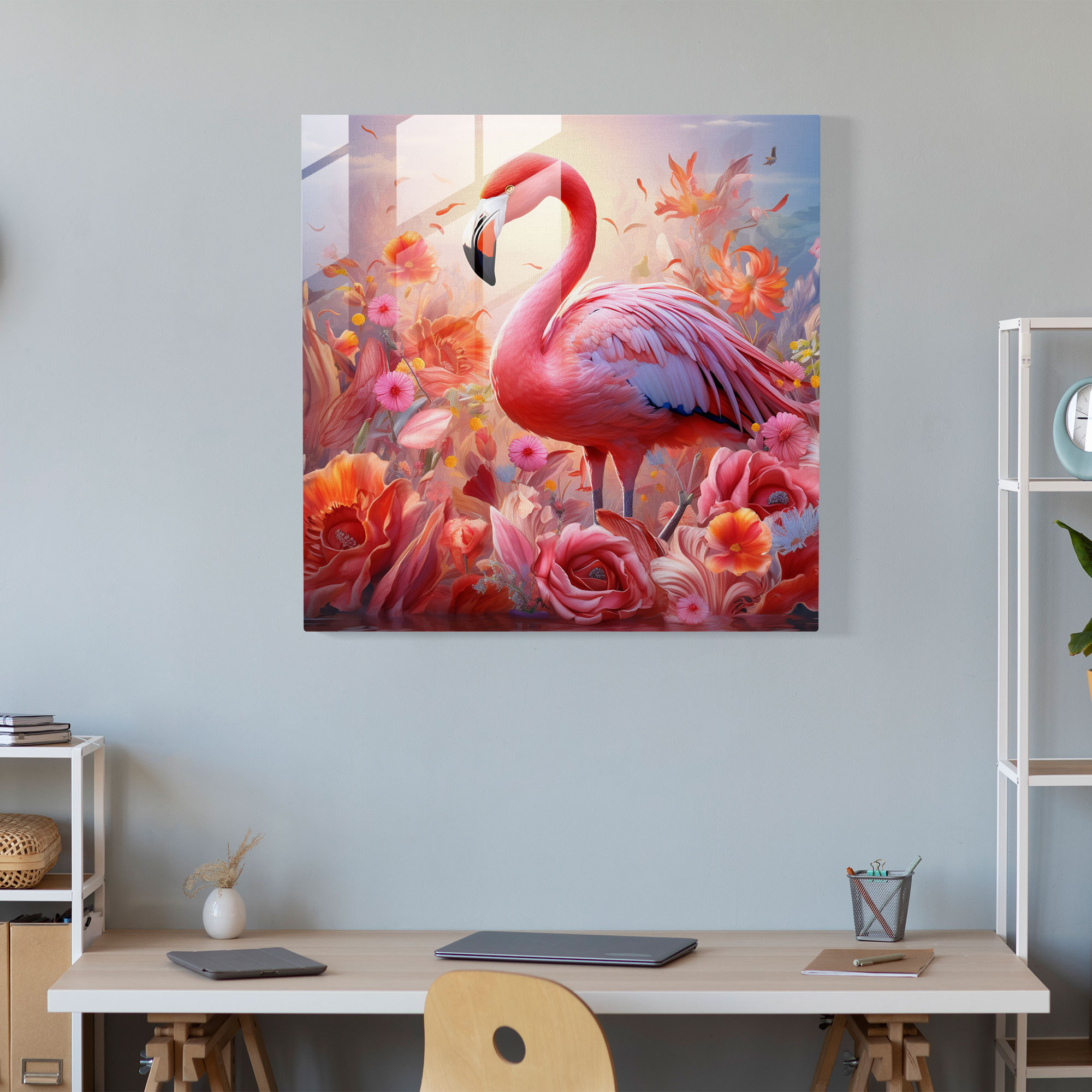 Blooming Flamingo Glass Print - Flamingo, Modern Art, Glass Print, Blooming Flowers