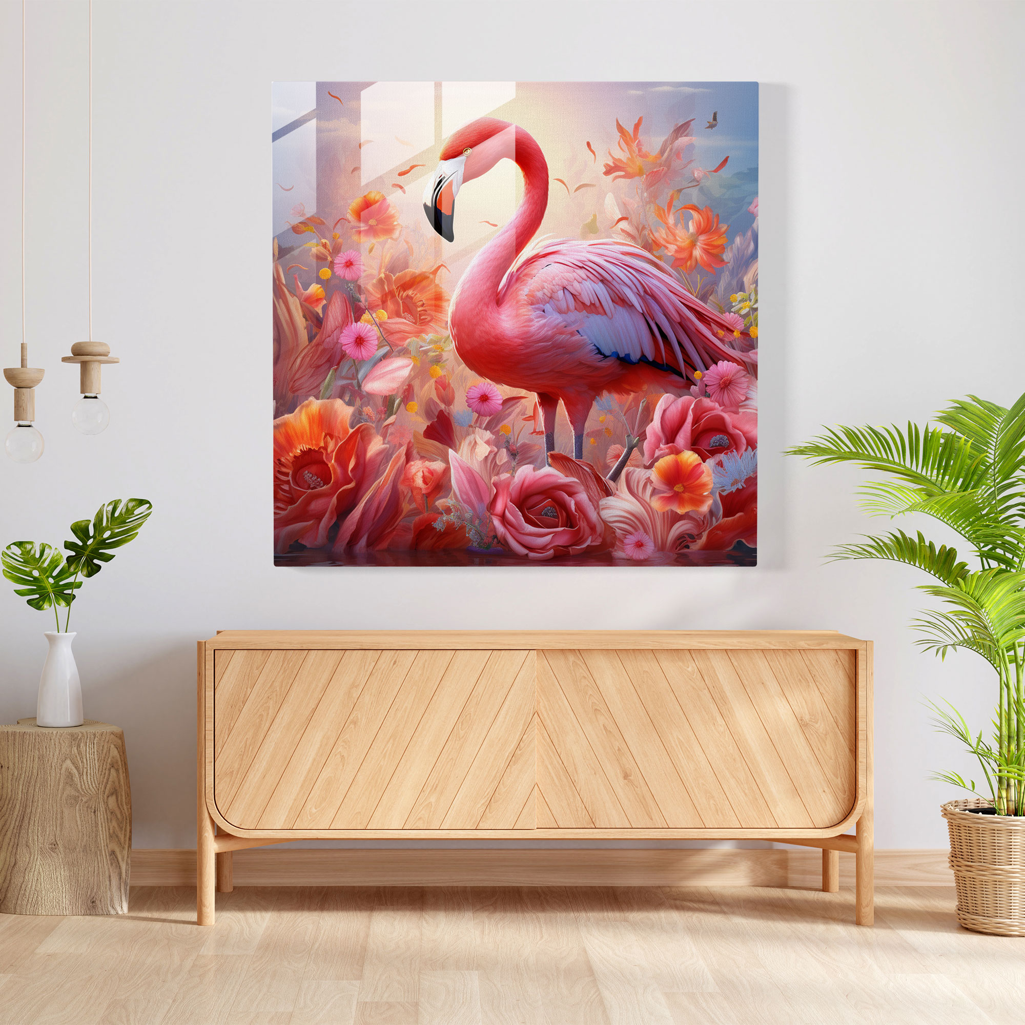 Blooming Flamingo Glass Print - Flamingo, Modern Art, Glass Print, Blooming Flowers