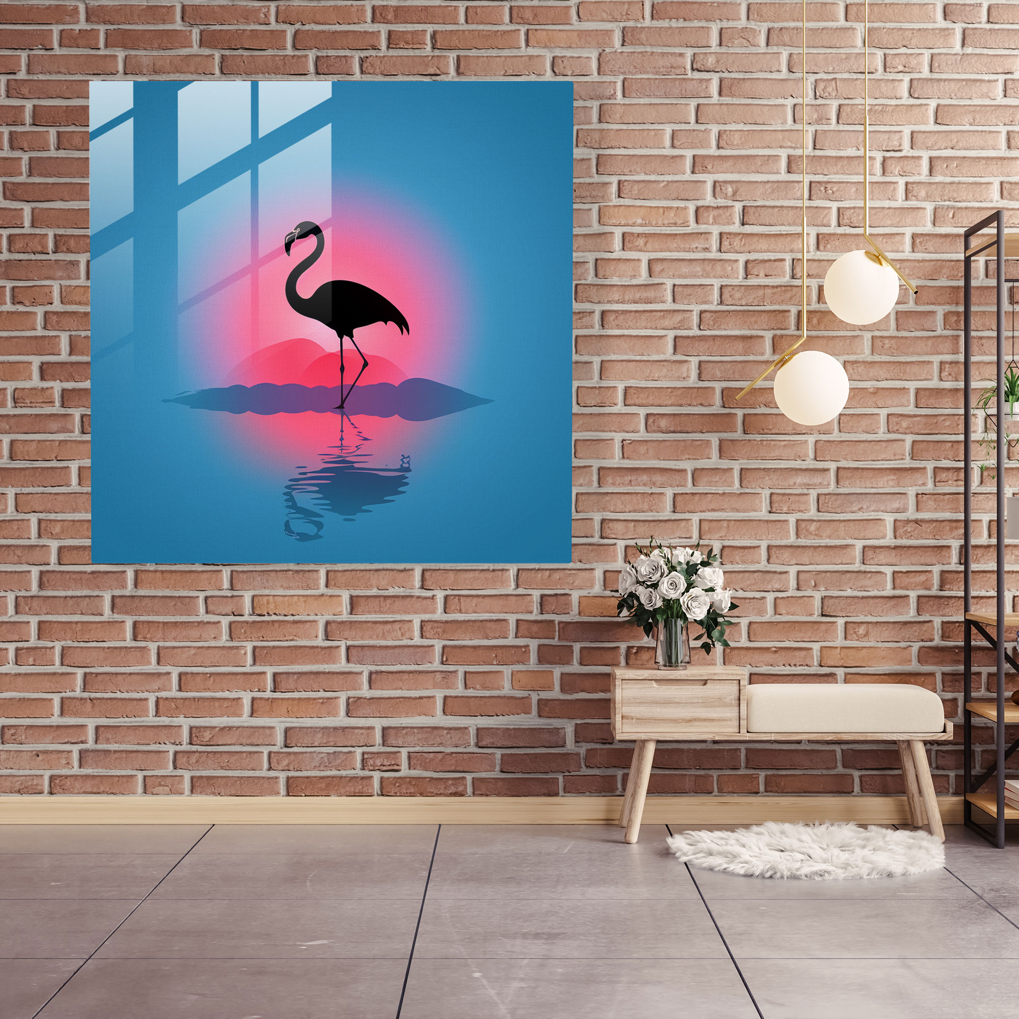 Minimal Silhouette Flamingo Glass Print - Flamingo, Modern Art, Home Decoration, Color Gradient Background