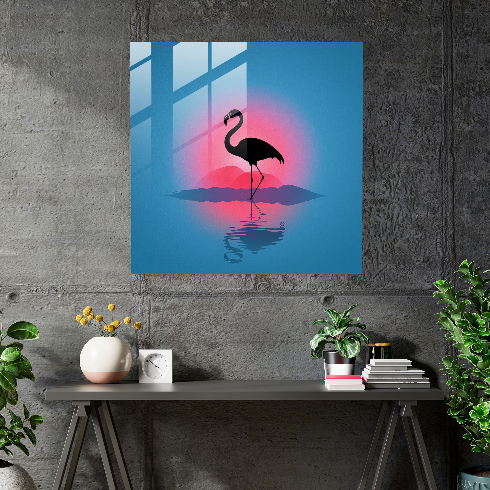 Minimal Silhouette Flamingo Glass Print - Flamingo, Modern Art, Home Decoration, Color Gradient Background
