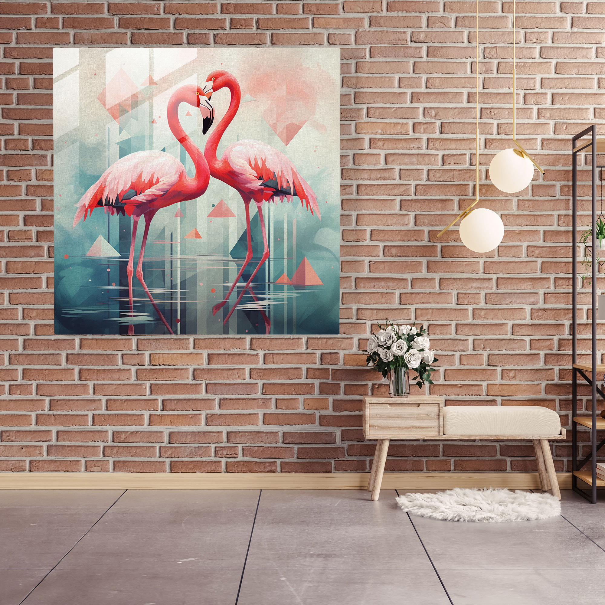 Geometrik Flamingolar Cam Tablosu - Flamingo Ev Dekorasyonu Çağdaş Yorum Cam Tablo