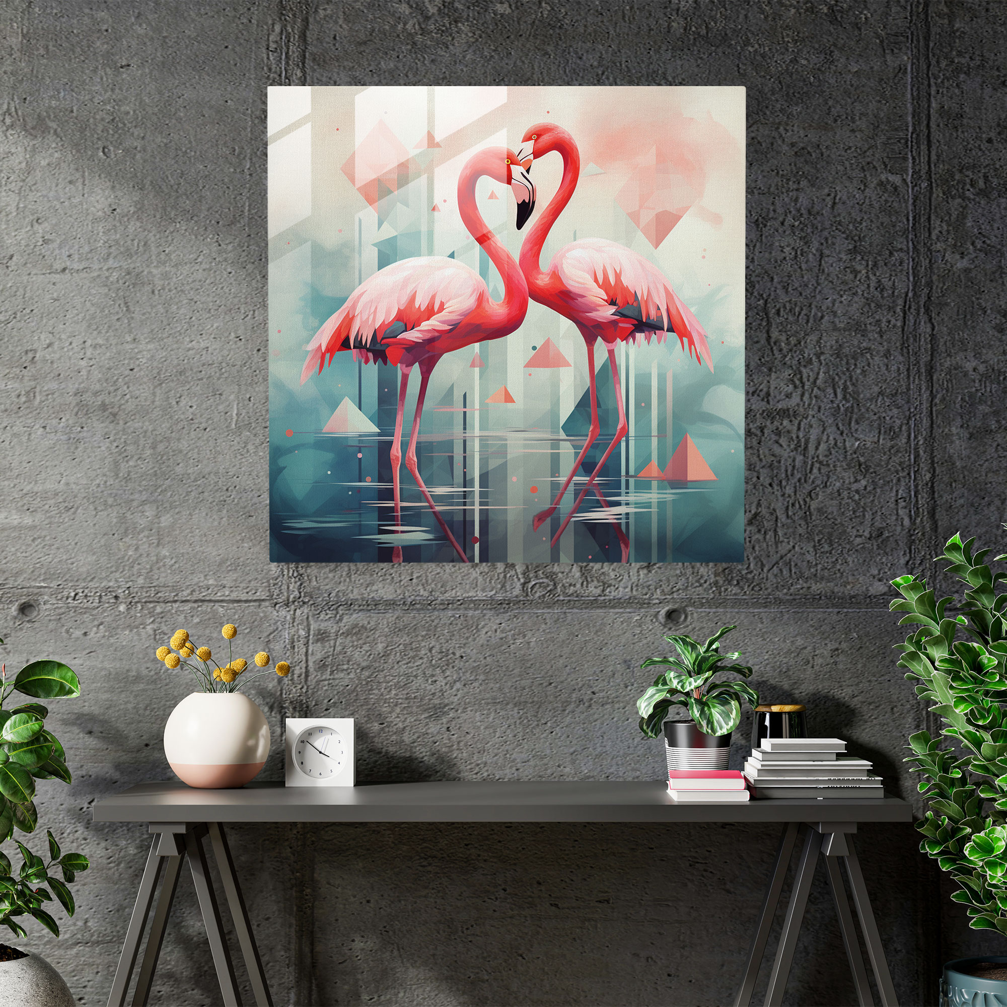 Geometrik Flamingolar Cam Tablosu - Flamingo Ev Dekorasyonu Çağdaş Yorum Cam Tablo