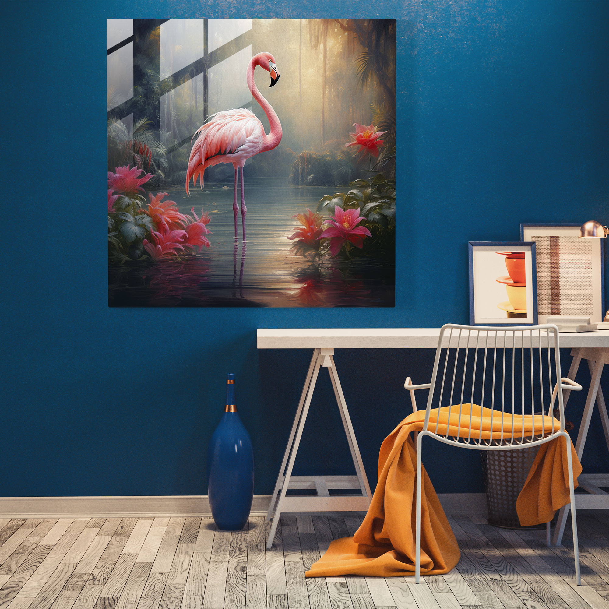 Göl Kenarı Flamingo Cam Tablo - Flamingo Duvar Dekorasyonu Cam Sanatı