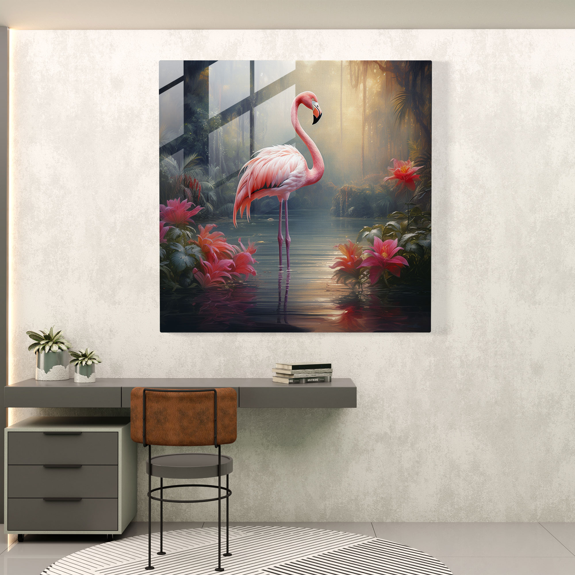 Göl Kenarı Flamingo Cam Tablo - Flamingo Duvar Dekorasyonu Cam Sanatı
