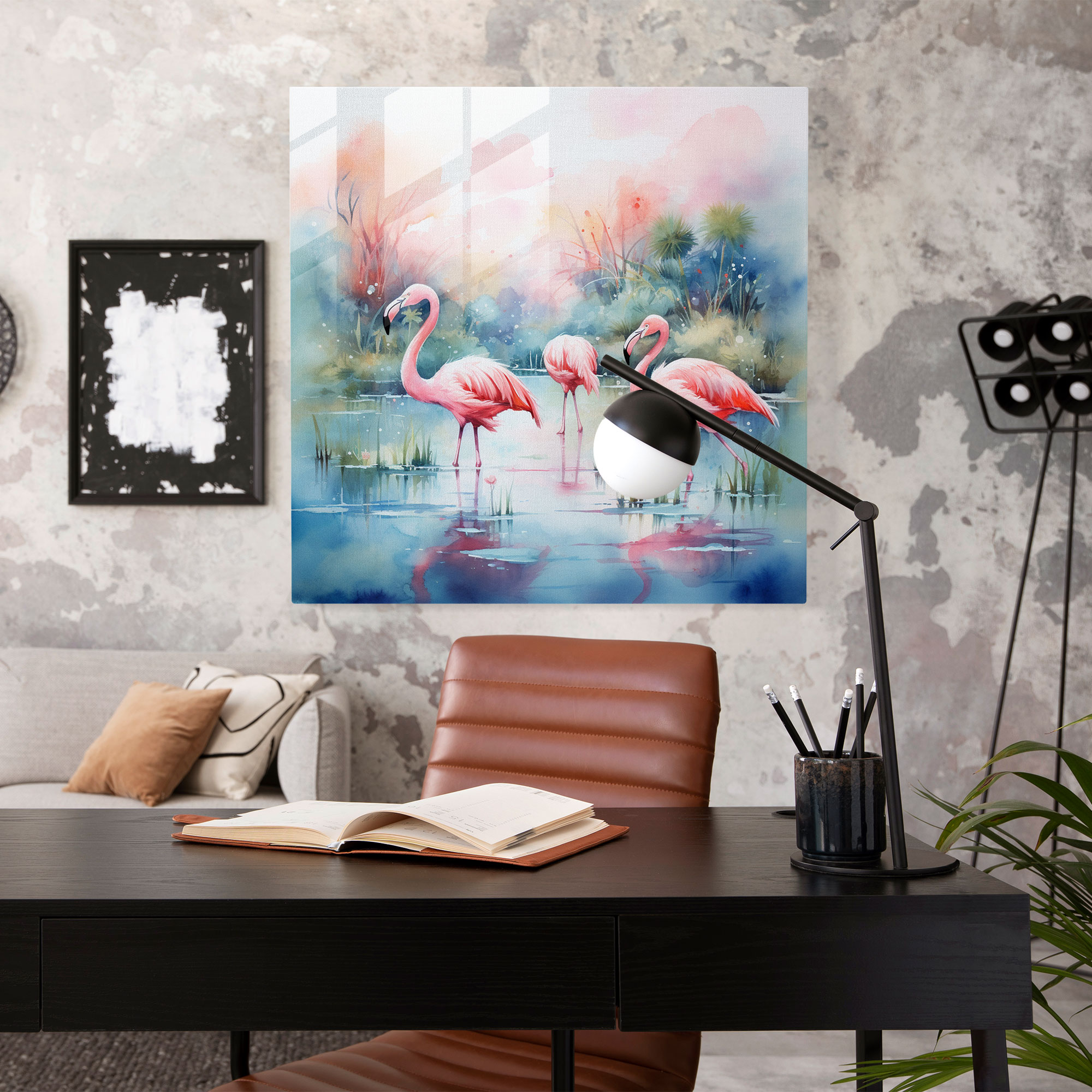 Serin Lagün Suluboya - Flamingo Cam Tablo