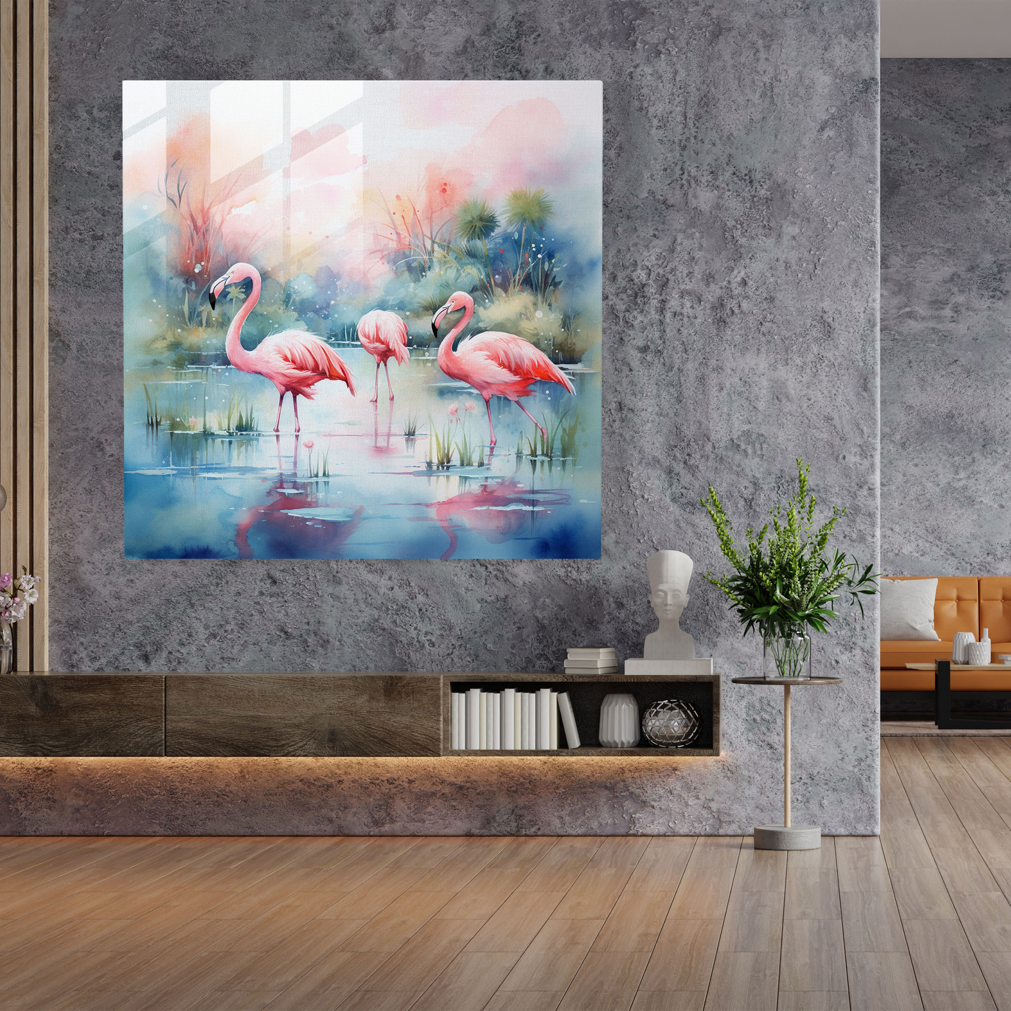 Serin Lagün Suluboya - Flamingo Cam Tablo
