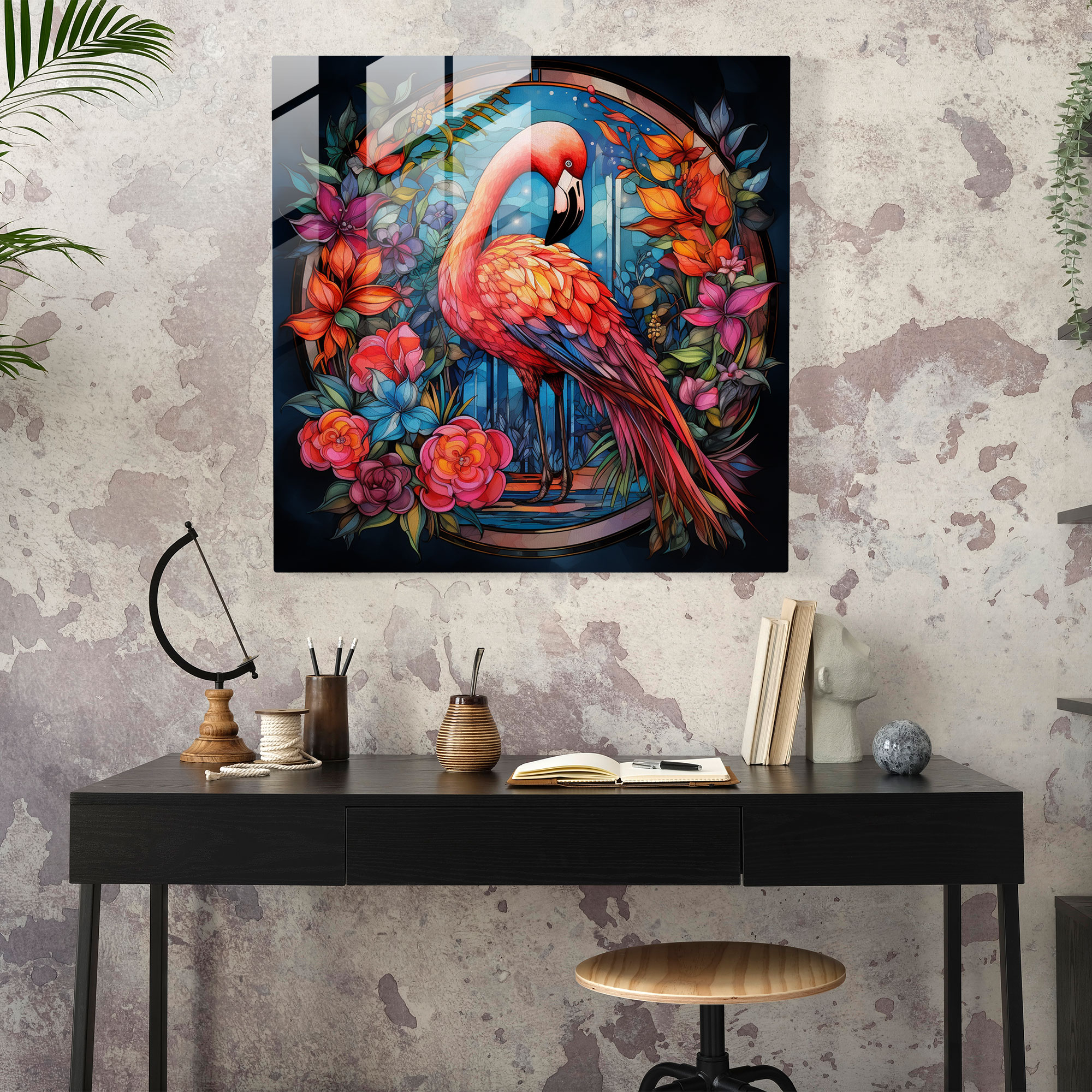 Flamingo Glass Print - Tropical Stained Glass - Flamingo, Tropical Flowers, Stained Glass, Wall Decoration