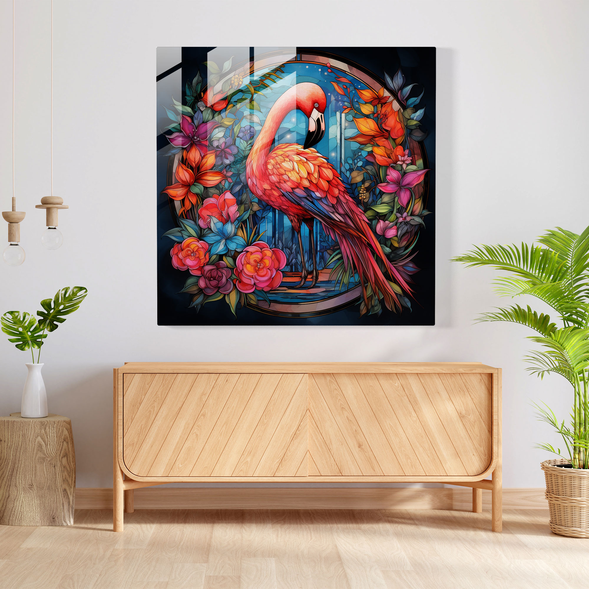 Flamingo Glass Print - Tropical Stained Glass - Flamingo, Tropical Flowers, Stained Glass, Wall Decoration