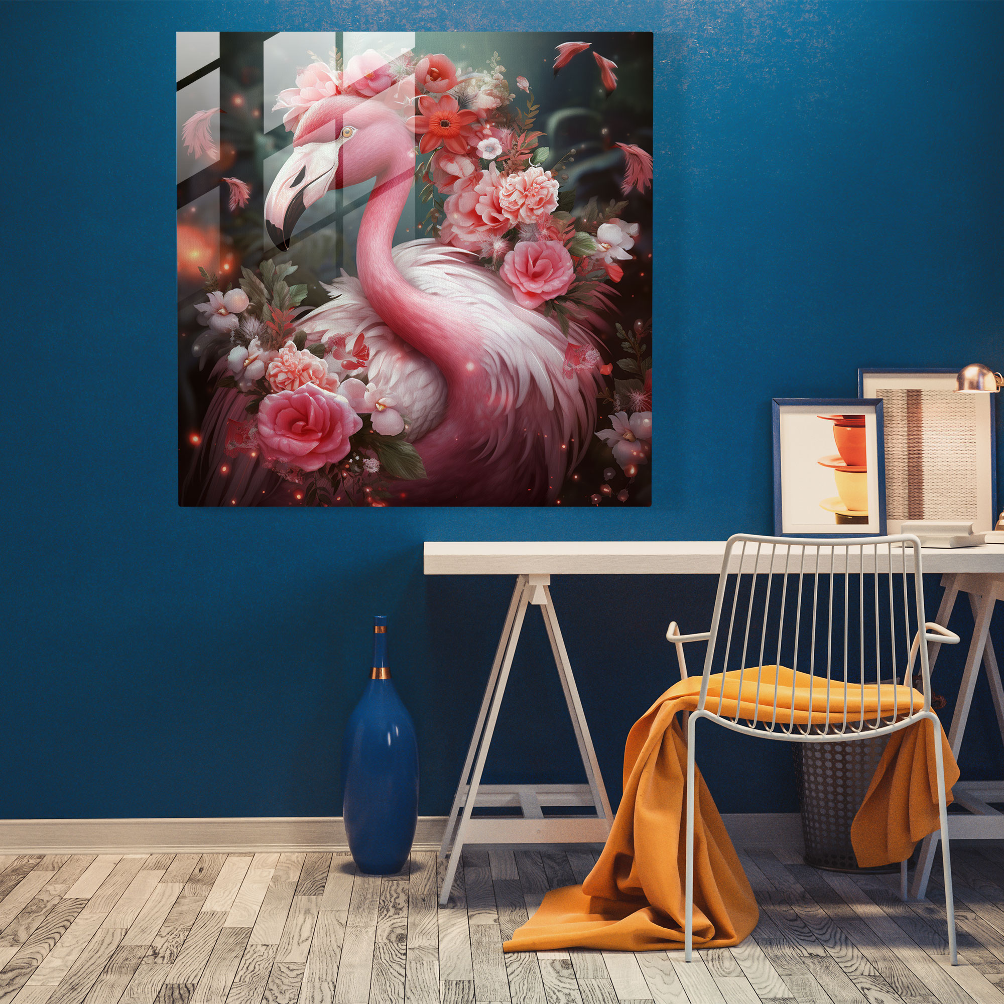 Flamingo Glass Print - Whimsical Floral Crown - Flamingo, Glass Wall Art, Home Decoration, Whimsical